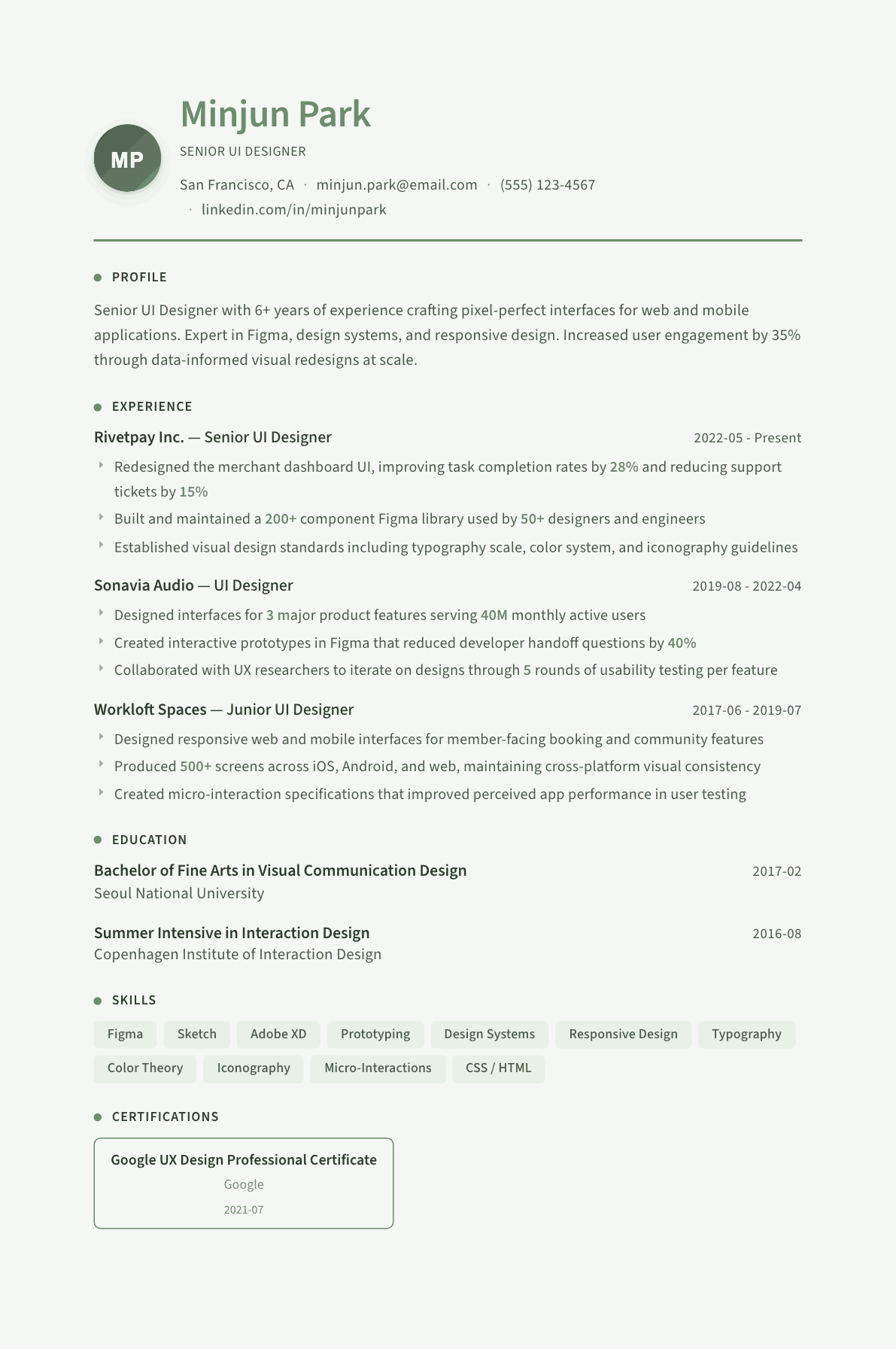 UI Designer resume example, Sage Garden template