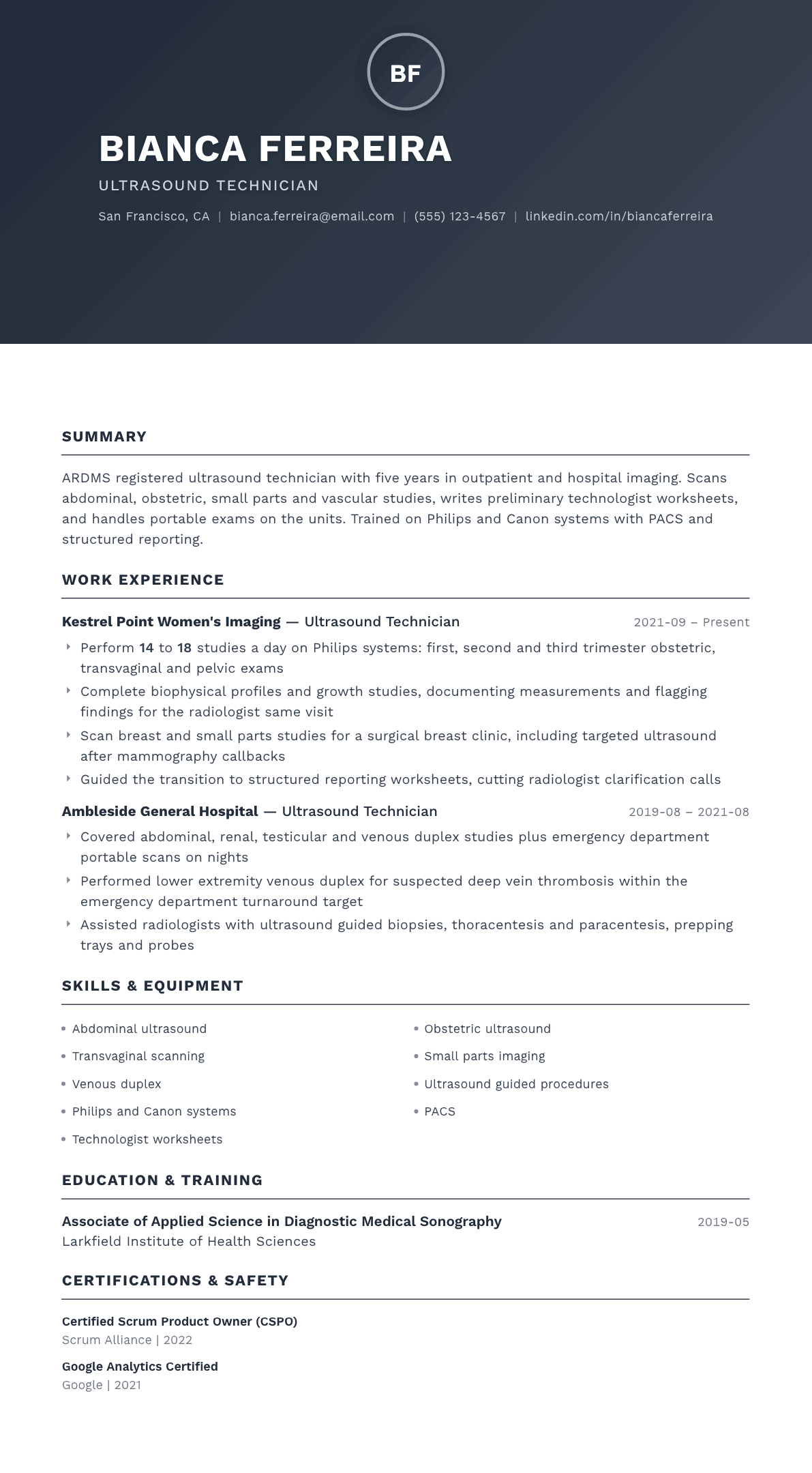 Ultrasound Technician resume example, Foundation template
