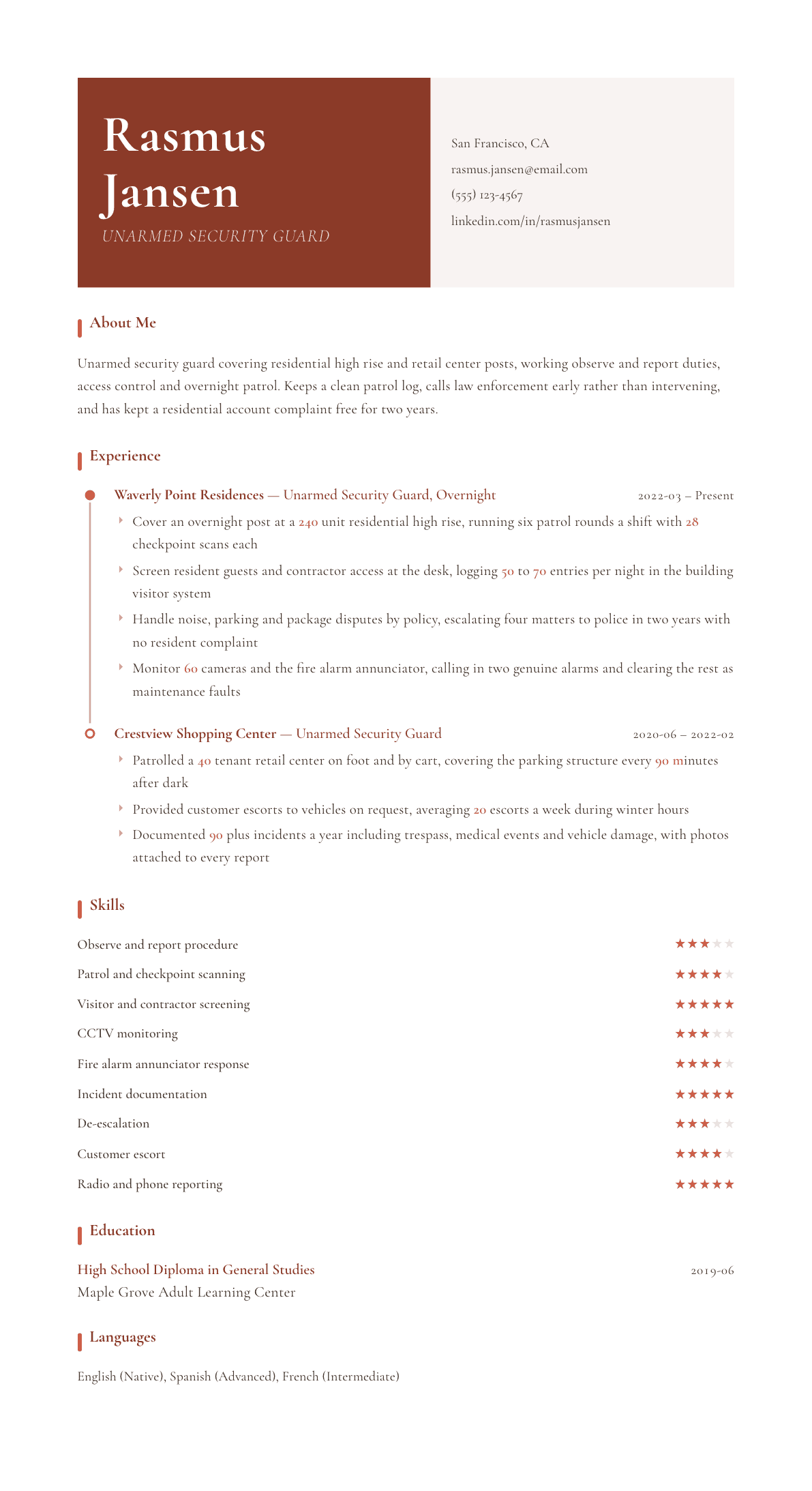 Unarmed Security Guard resume example, Artisan template