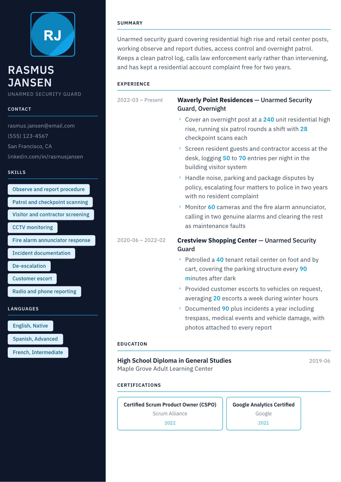 Unarmed Security Guard resume example, Everest template