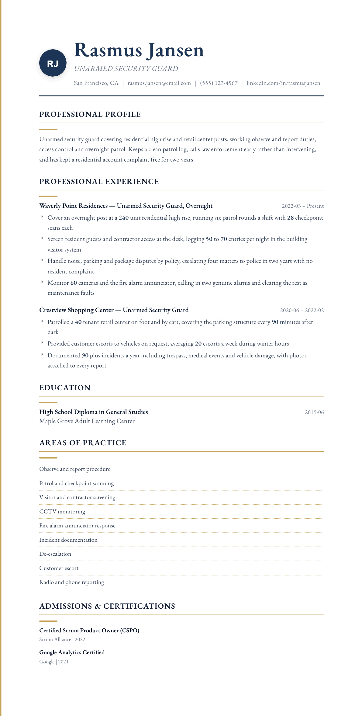 Unarmed Security Guard resume example, Folio template