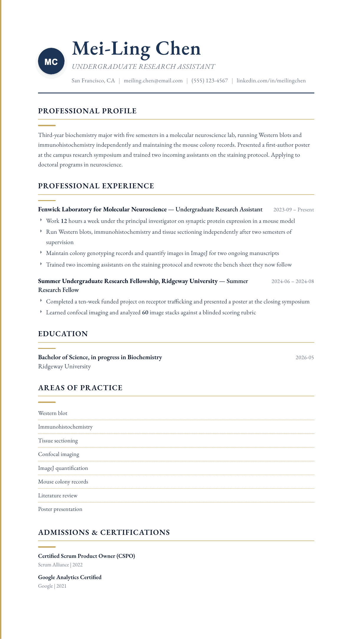 Undergraduate Research Assistant resume example, Folio template