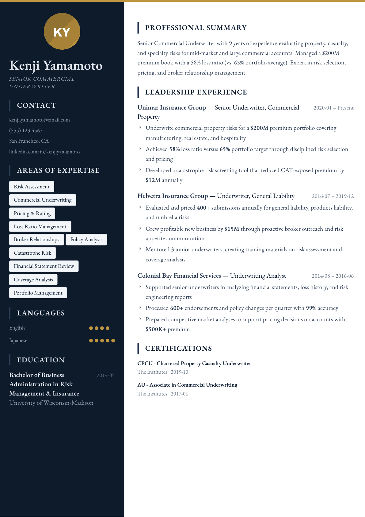 Underwriter resume example, Presidio template