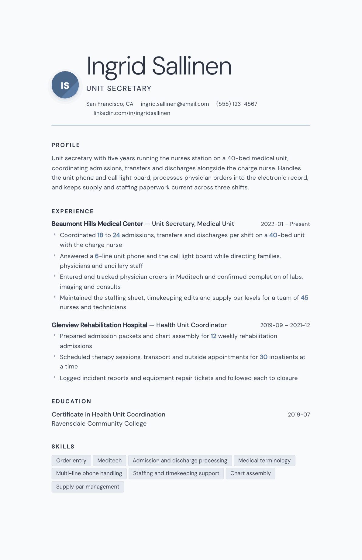 Unit Secretary resume example, Nordic template