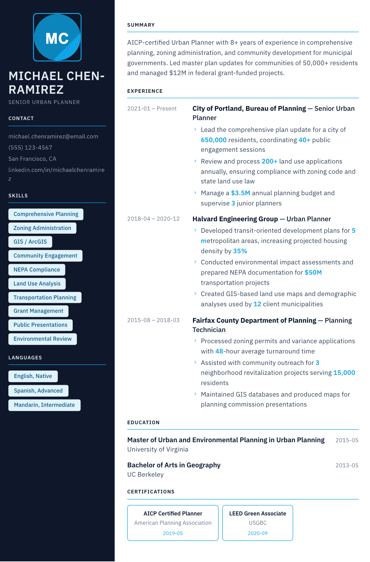 Urban Planner resume example, Everest template