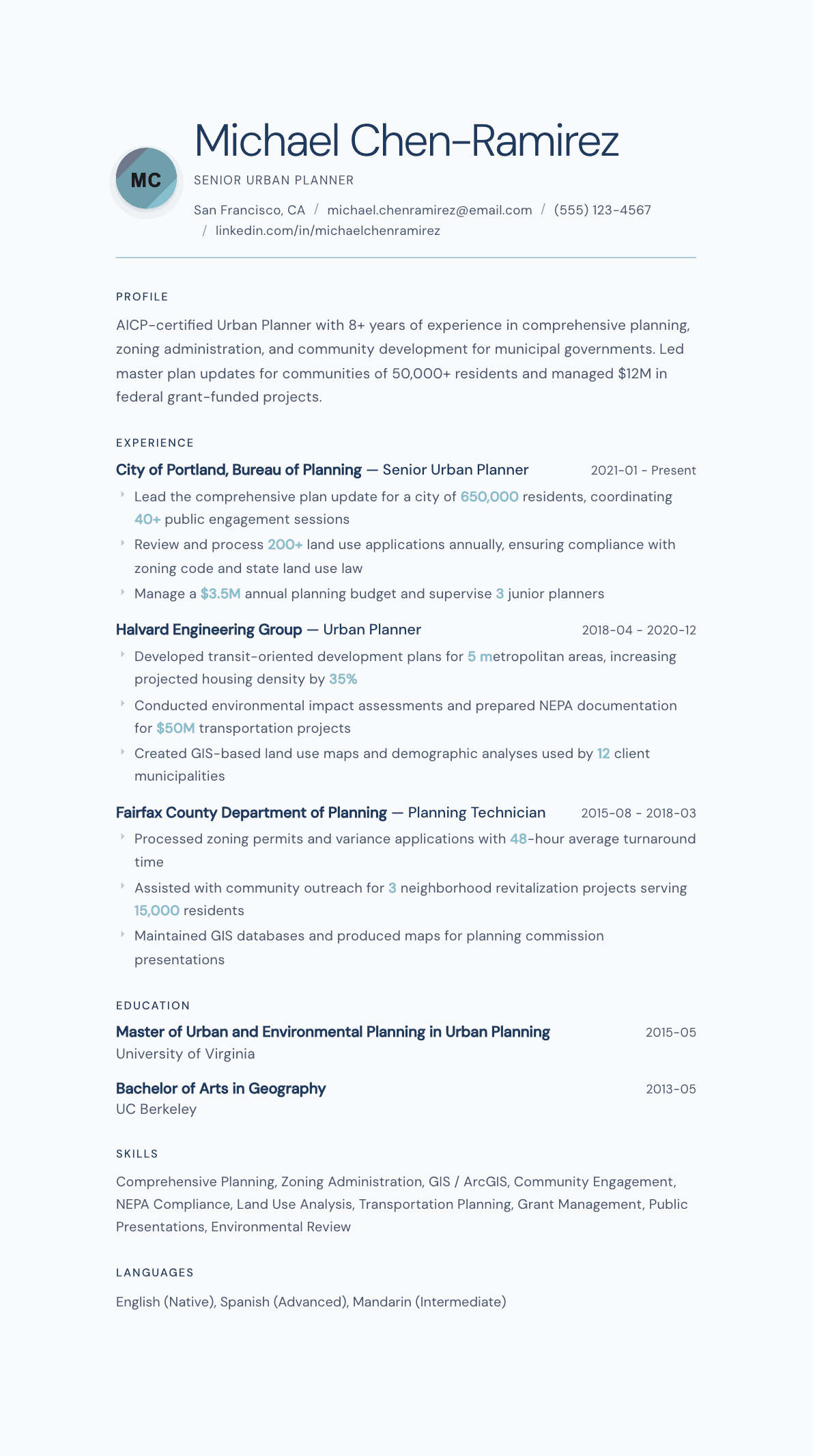 Urban Planner resume example, Nordic Frost template