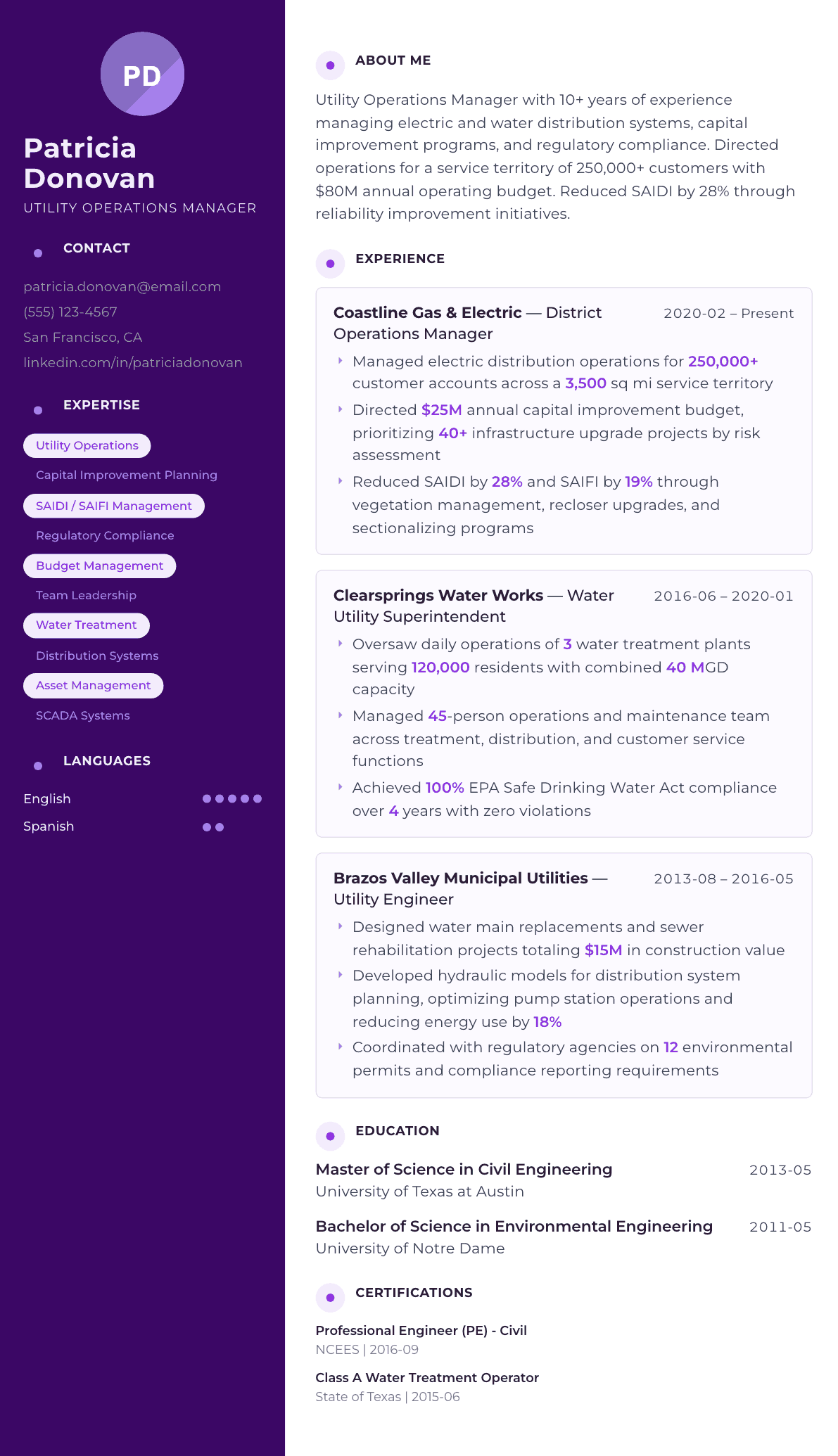 Utility Manager resume example, Palette template