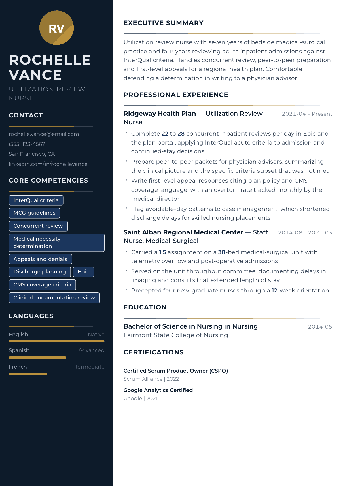 Utilization Review Nurse resume example, Catalyst template