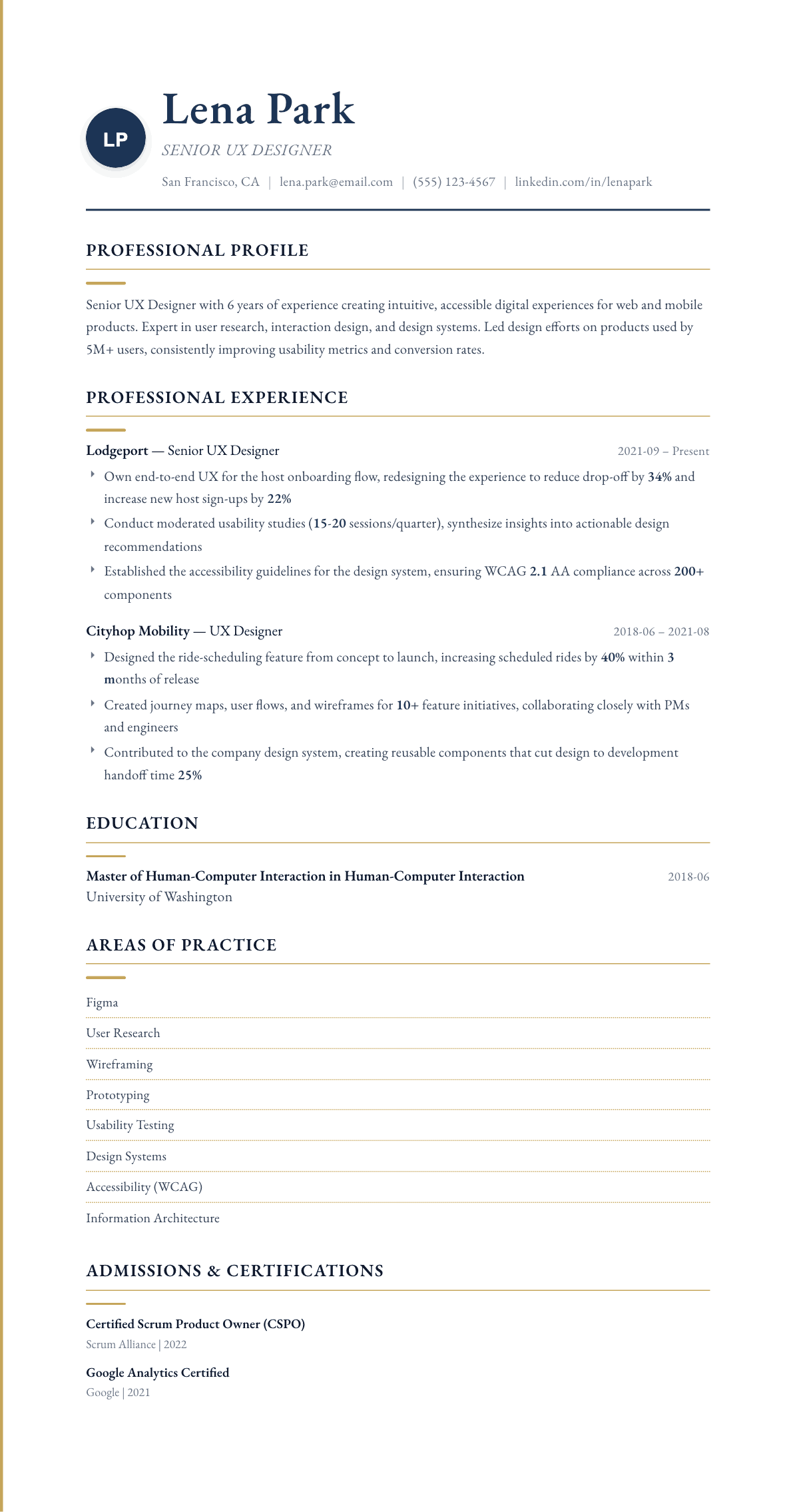 UX Designer resume example, Folio template