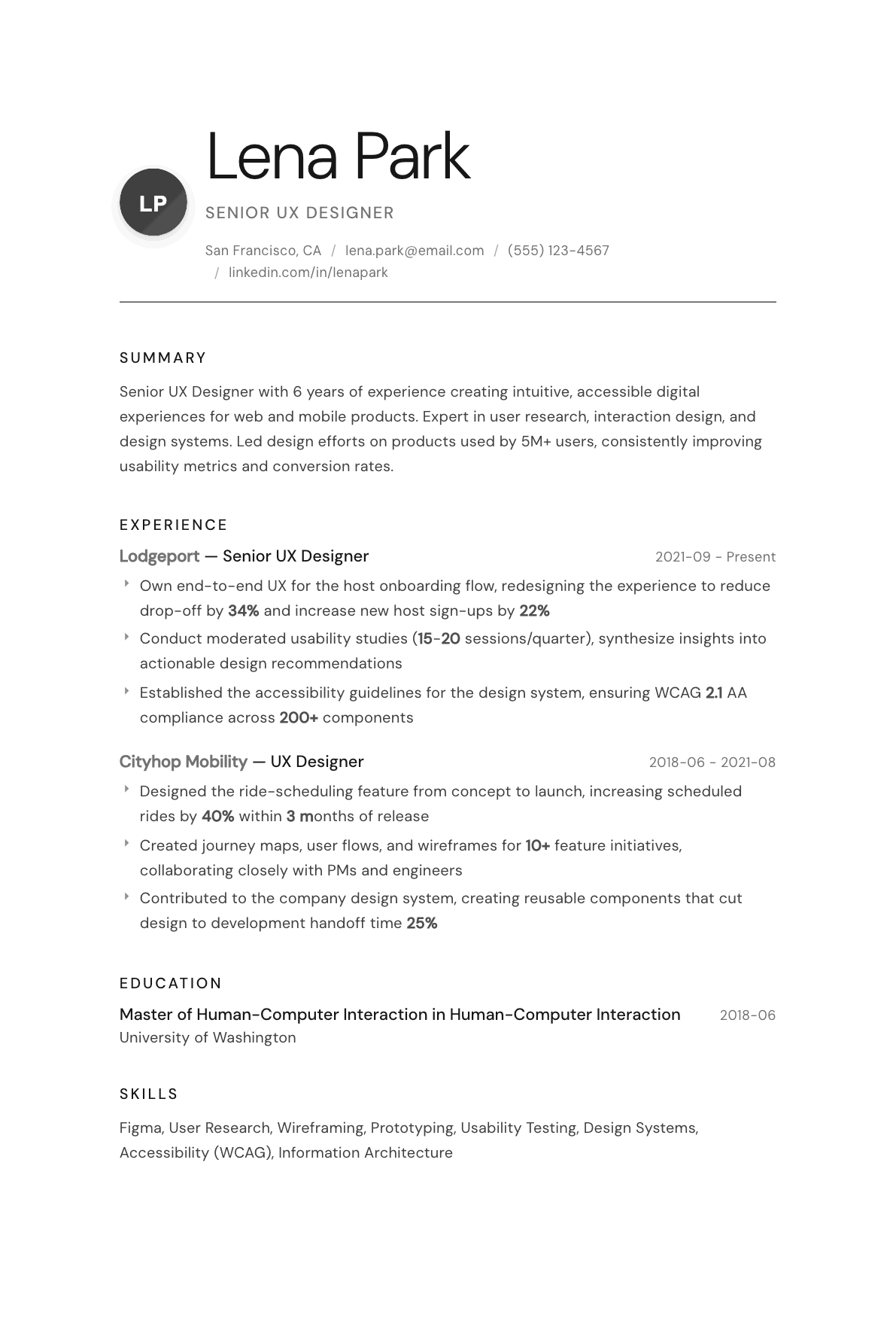 UX Designer resume example, Whisper template