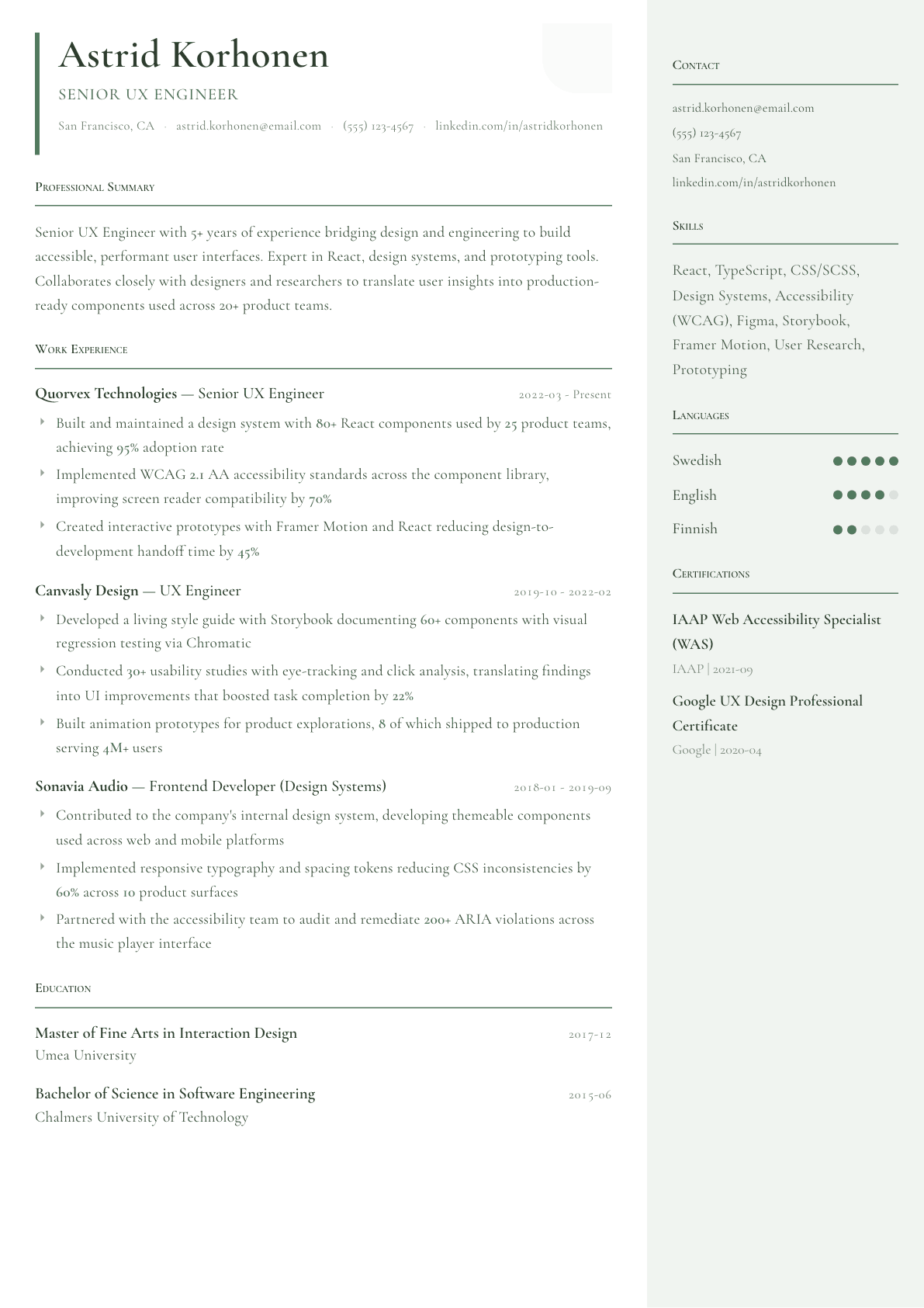 UX Engineer resume example, Copenhagen template