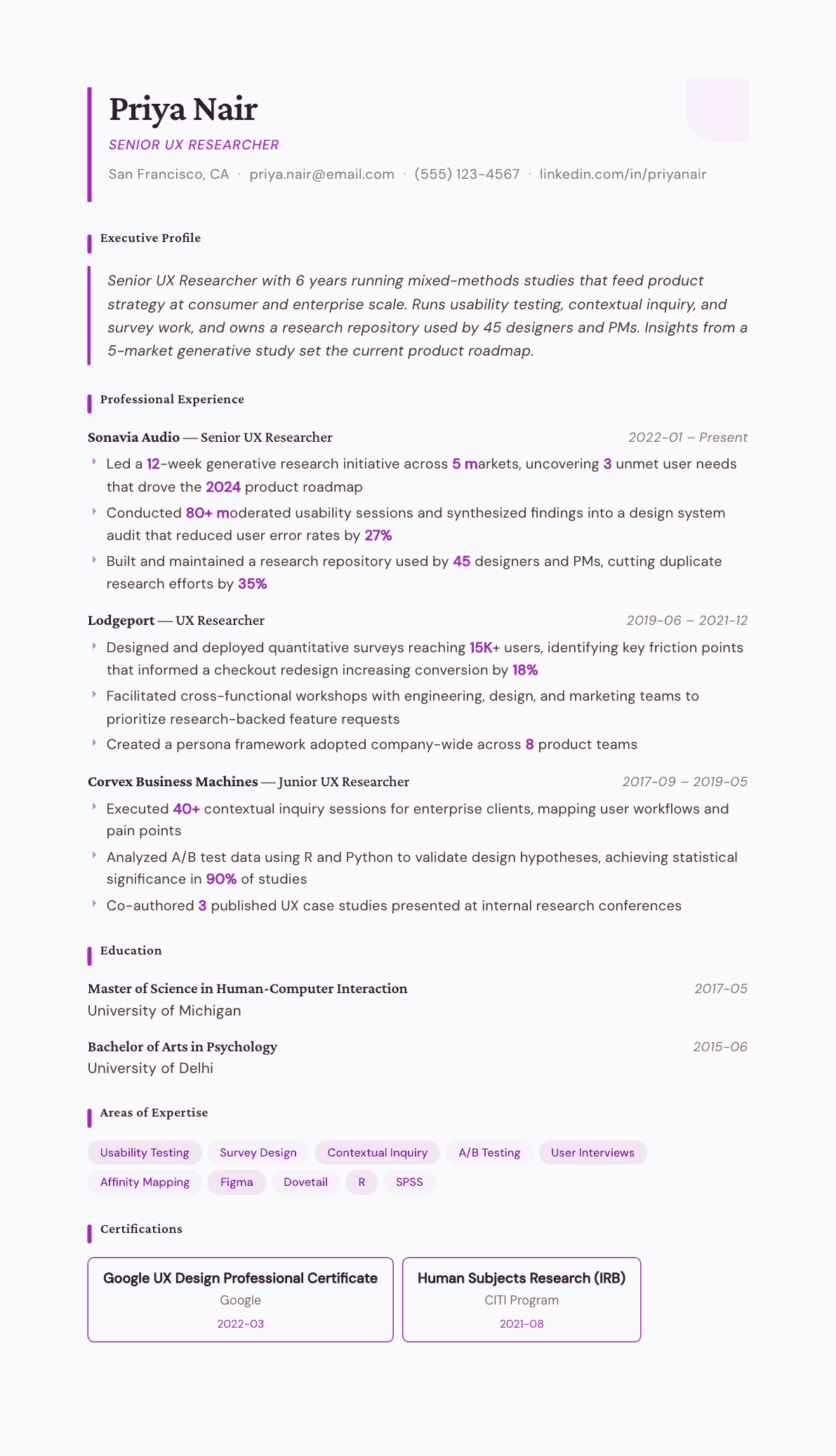 UX Researcher resume example, Plum Noir template