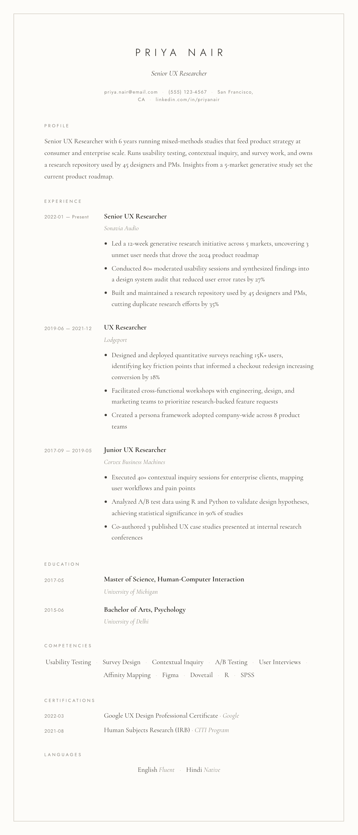 UX Researcher resume example, Vellum template