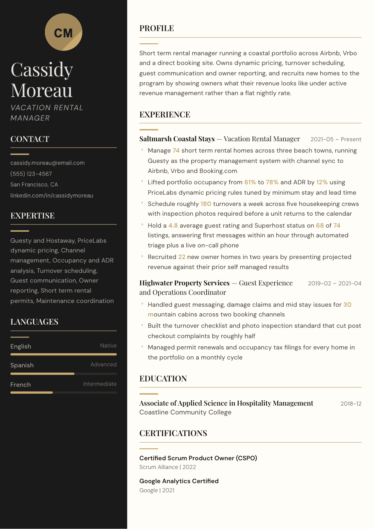 Vacation Rental Manager resume example, Obsidian template