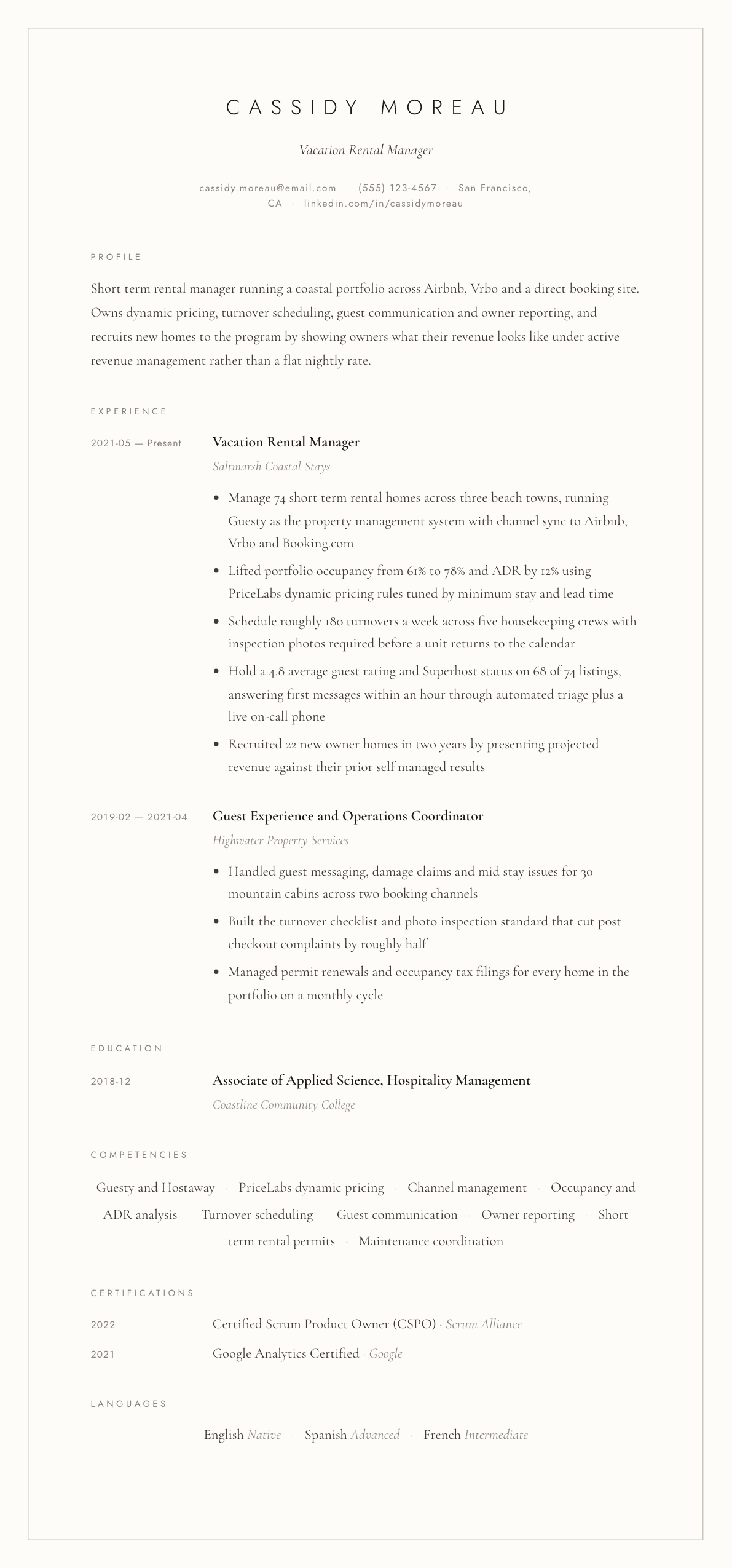 Vacation Rental Manager resume example, Vellum template