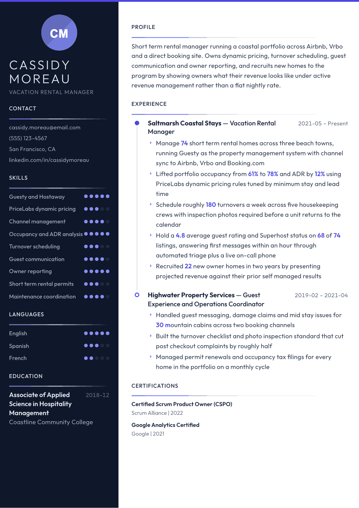 Vacation Rental Manager resume example, Zenith template