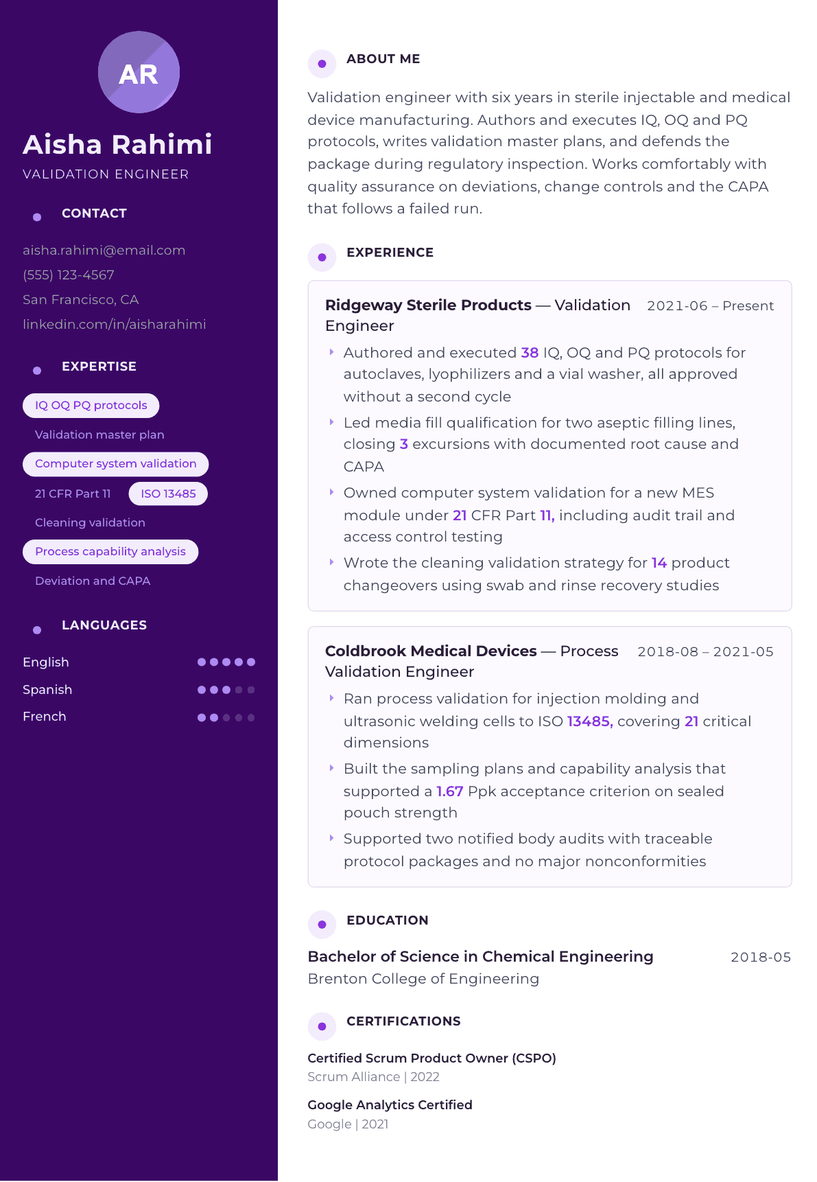 Validation Engineer resume example, Palette template