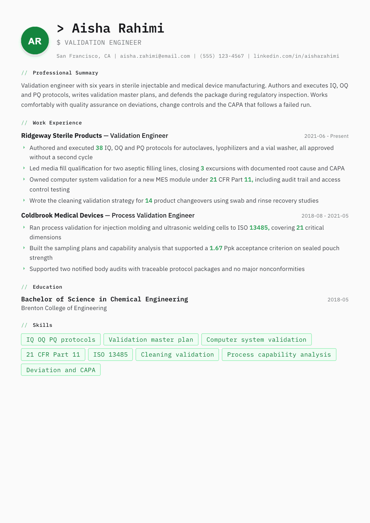 Validation Engineer resume example, Amsterdam template