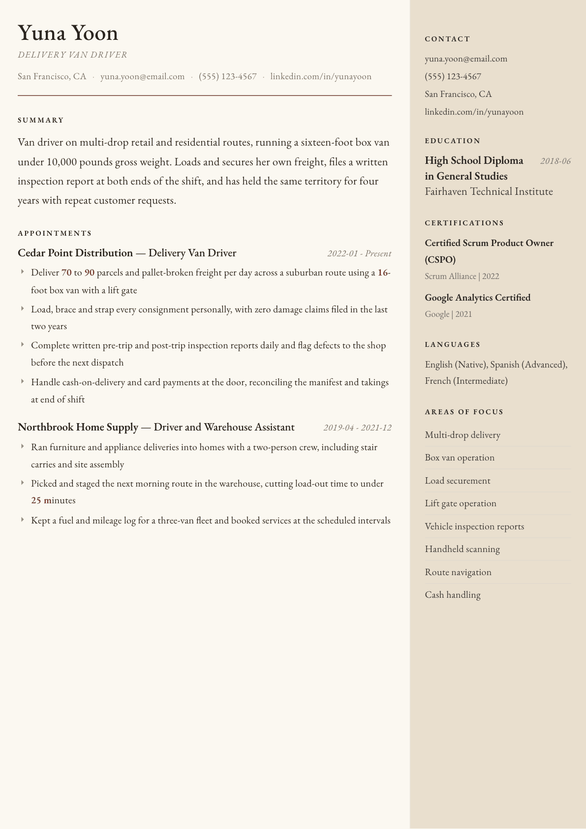 Van Driver resume example, Manuscript template
