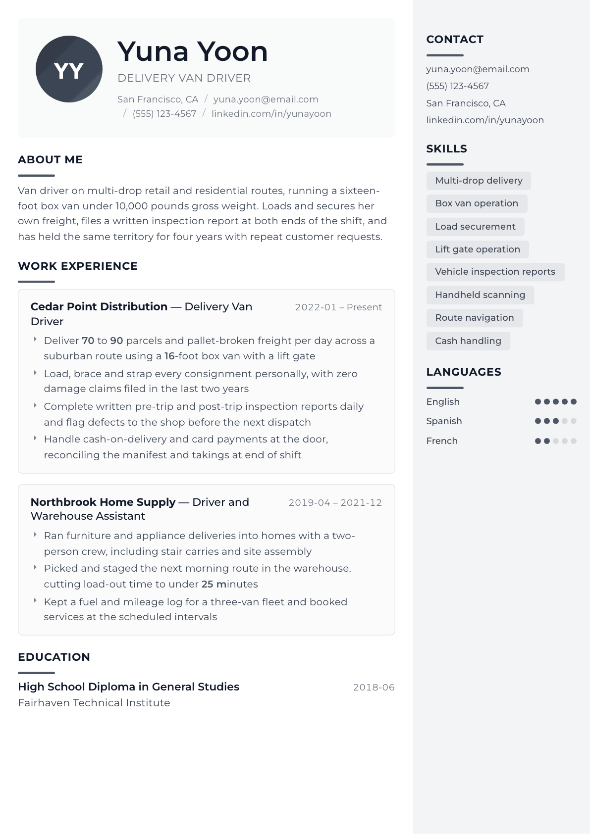 Van Driver resume example, Metropolitan template