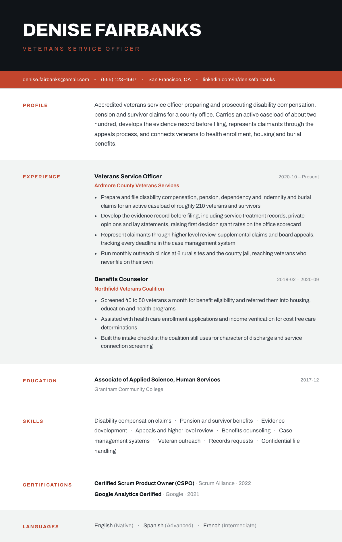 Veterans Service Officer resume example, Strata template