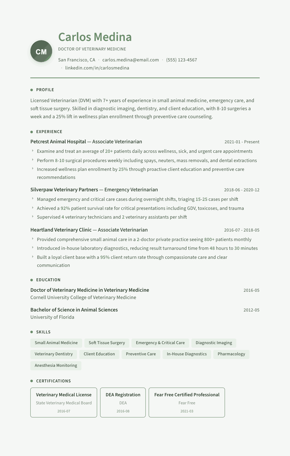 Veterinarian resume example, Sage Garden template