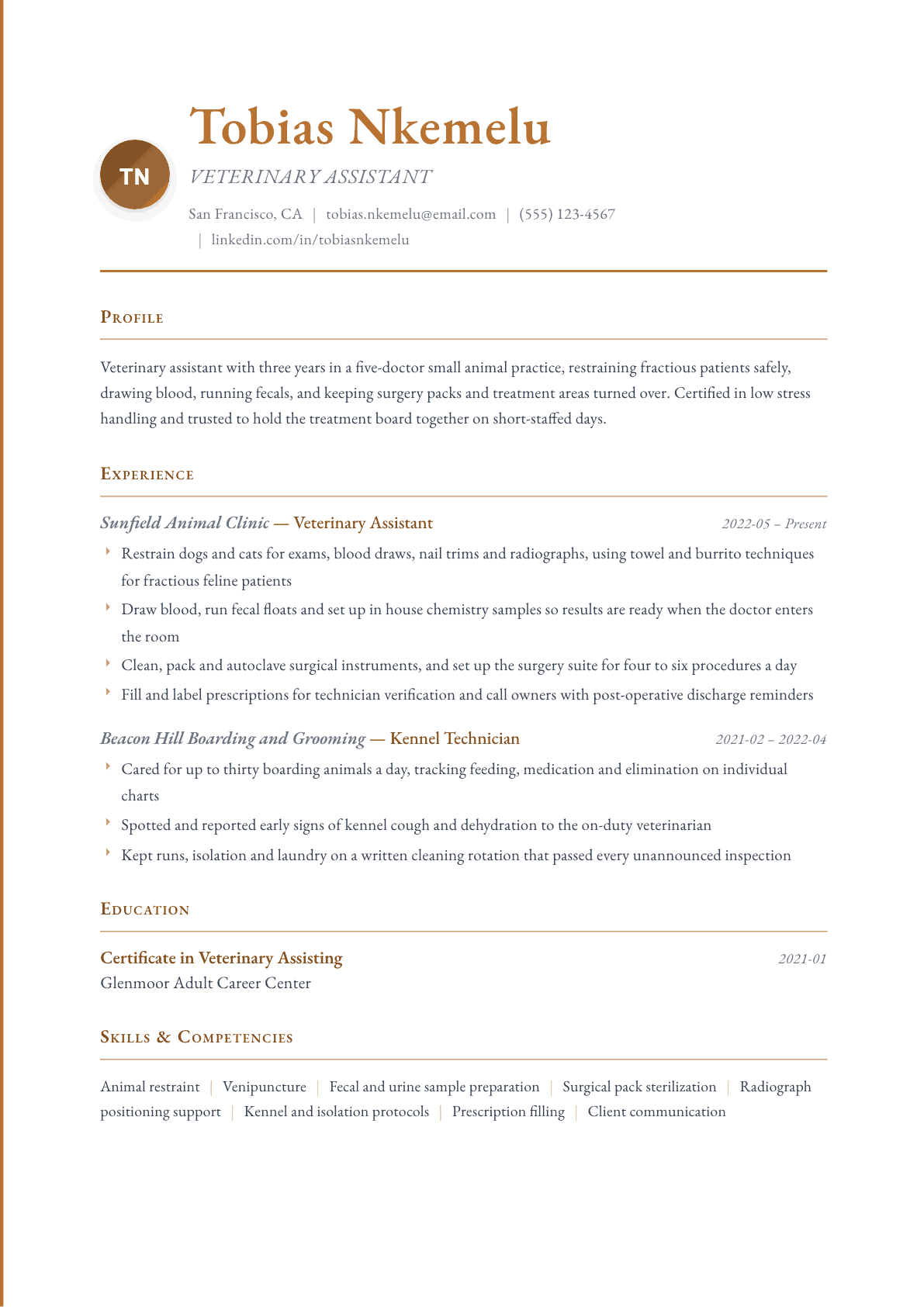 Veterinary Assistant resume example, Timeless template