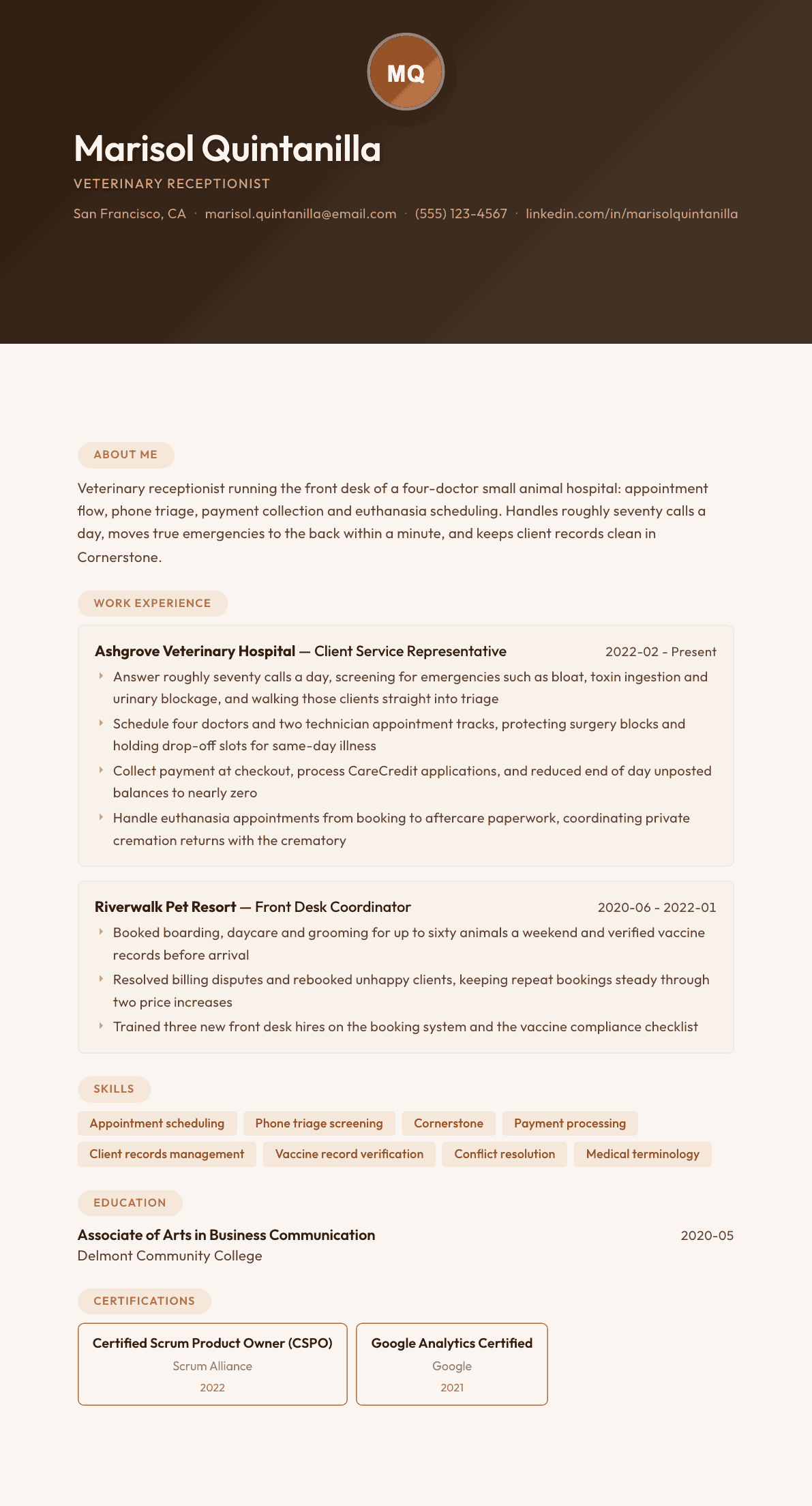 Veterinary Receptionist resume example, Terracotta Studio template