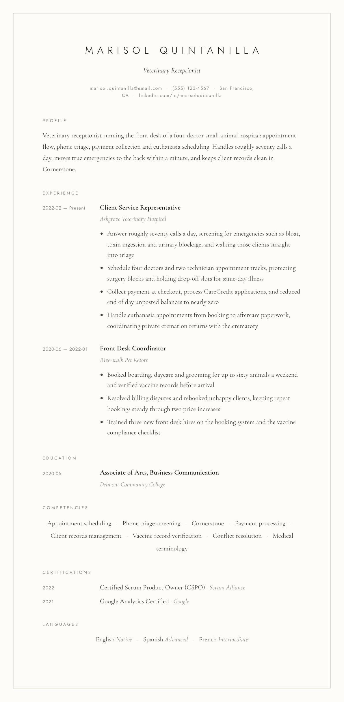 Veterinary Receptionist resume example, Vellum template