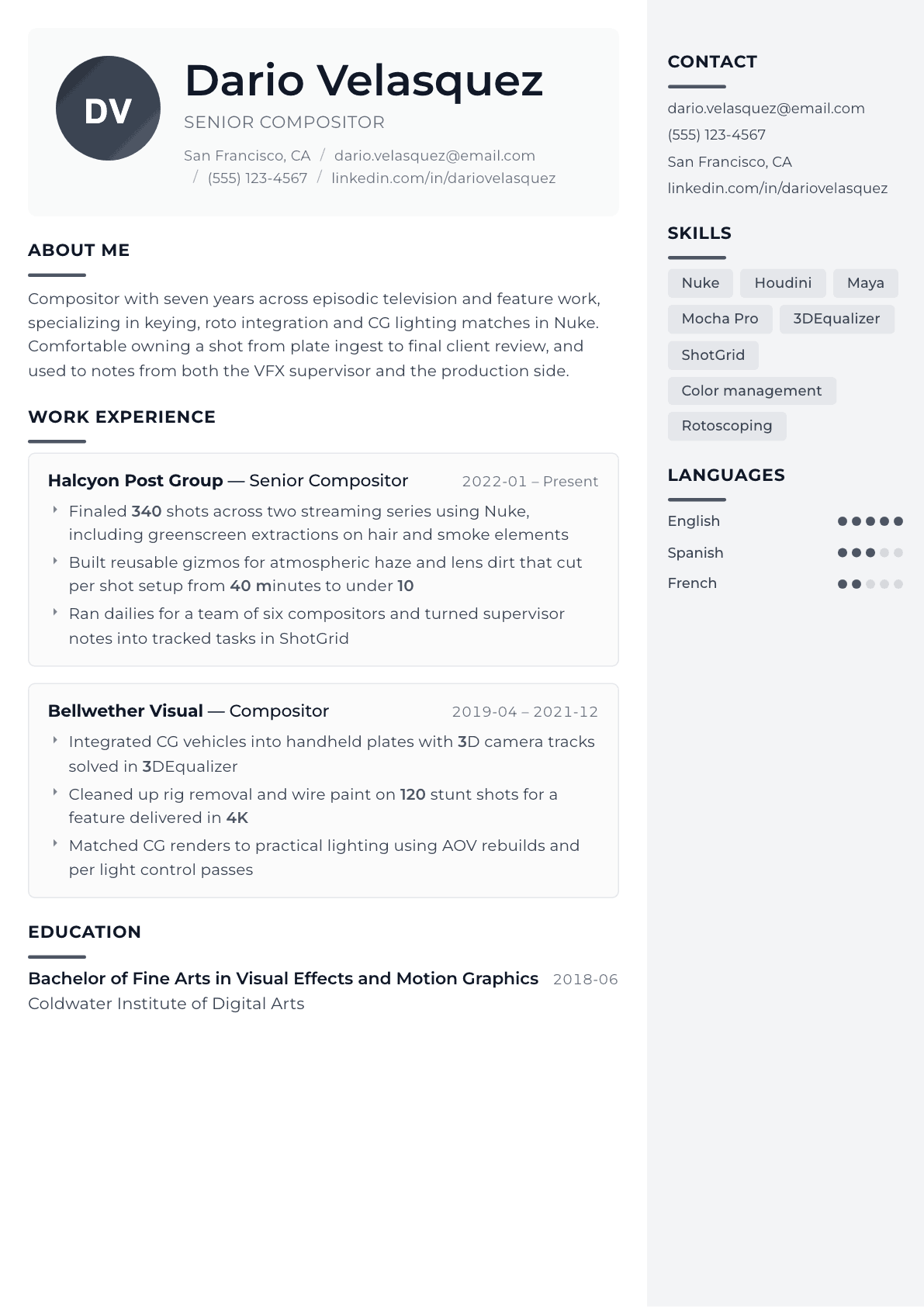 VFX Artist resume example, Metropolitan template