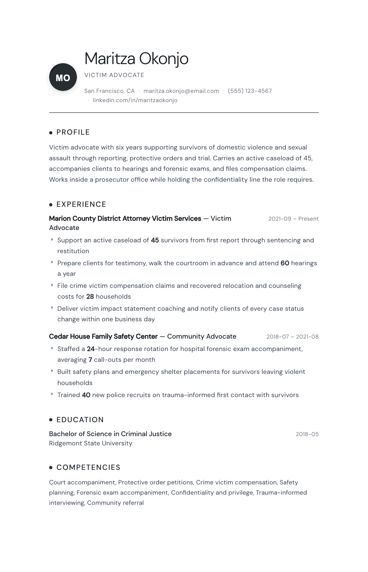 Victim Advocate resume example, Pinnacle template