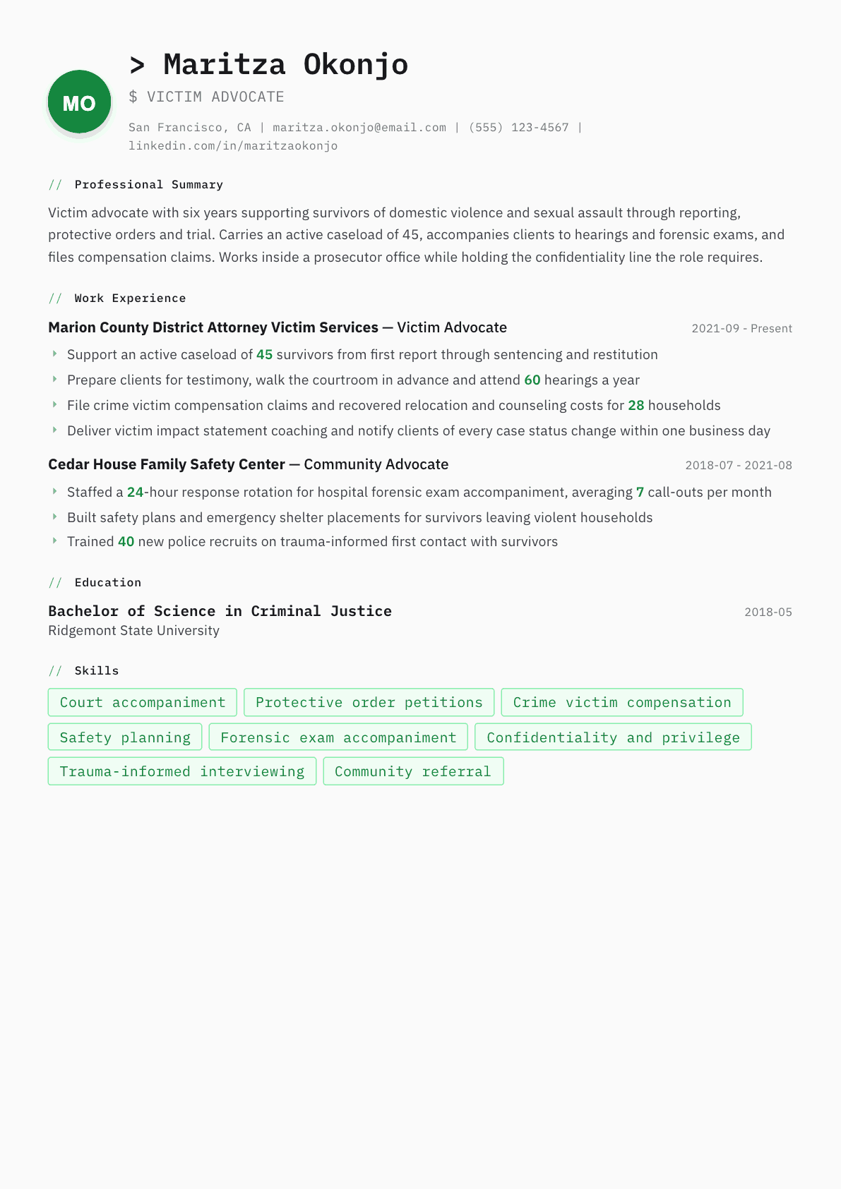 Victim Advocate resume example, Amsterdam template