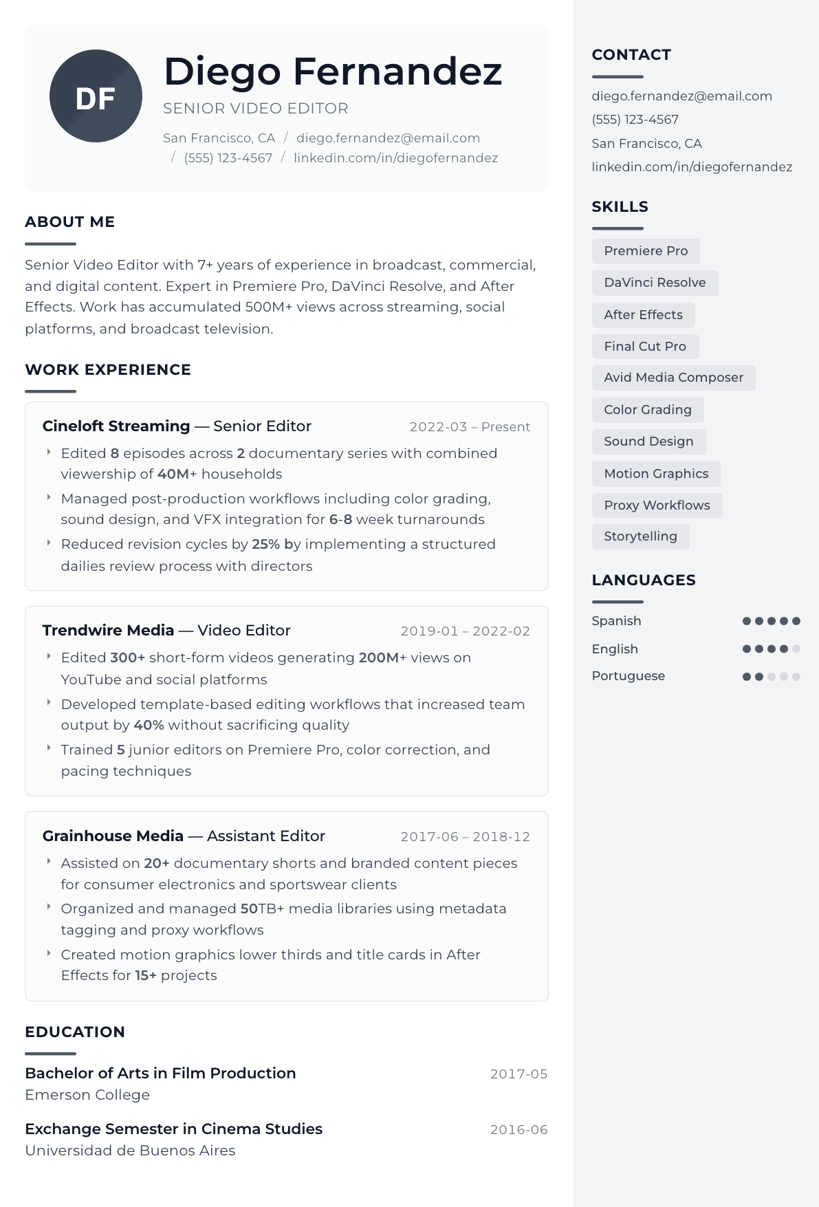 Video Editor resume example, Metropolitan template
