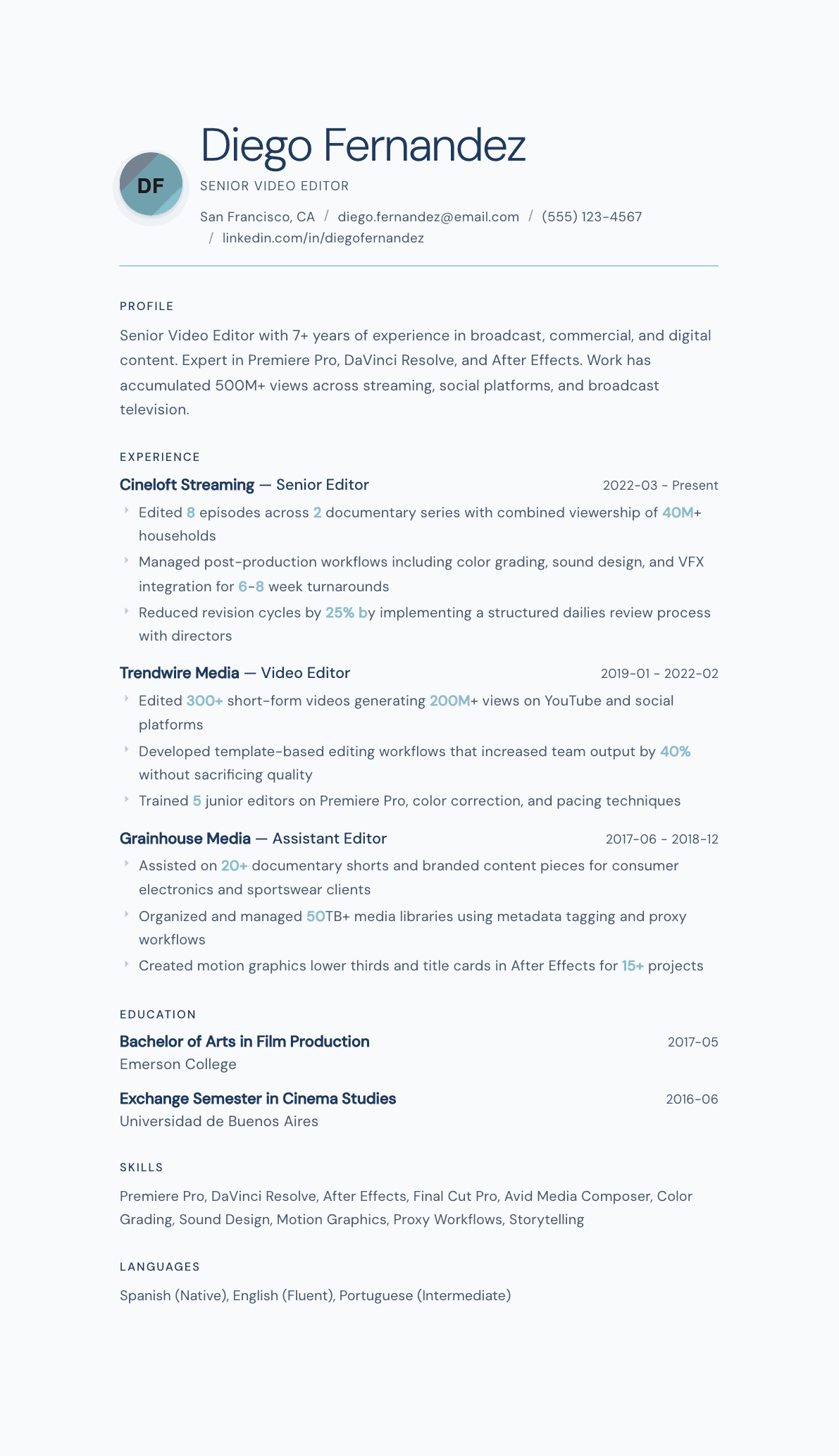 Video Editor resume example, Nordic Frost template