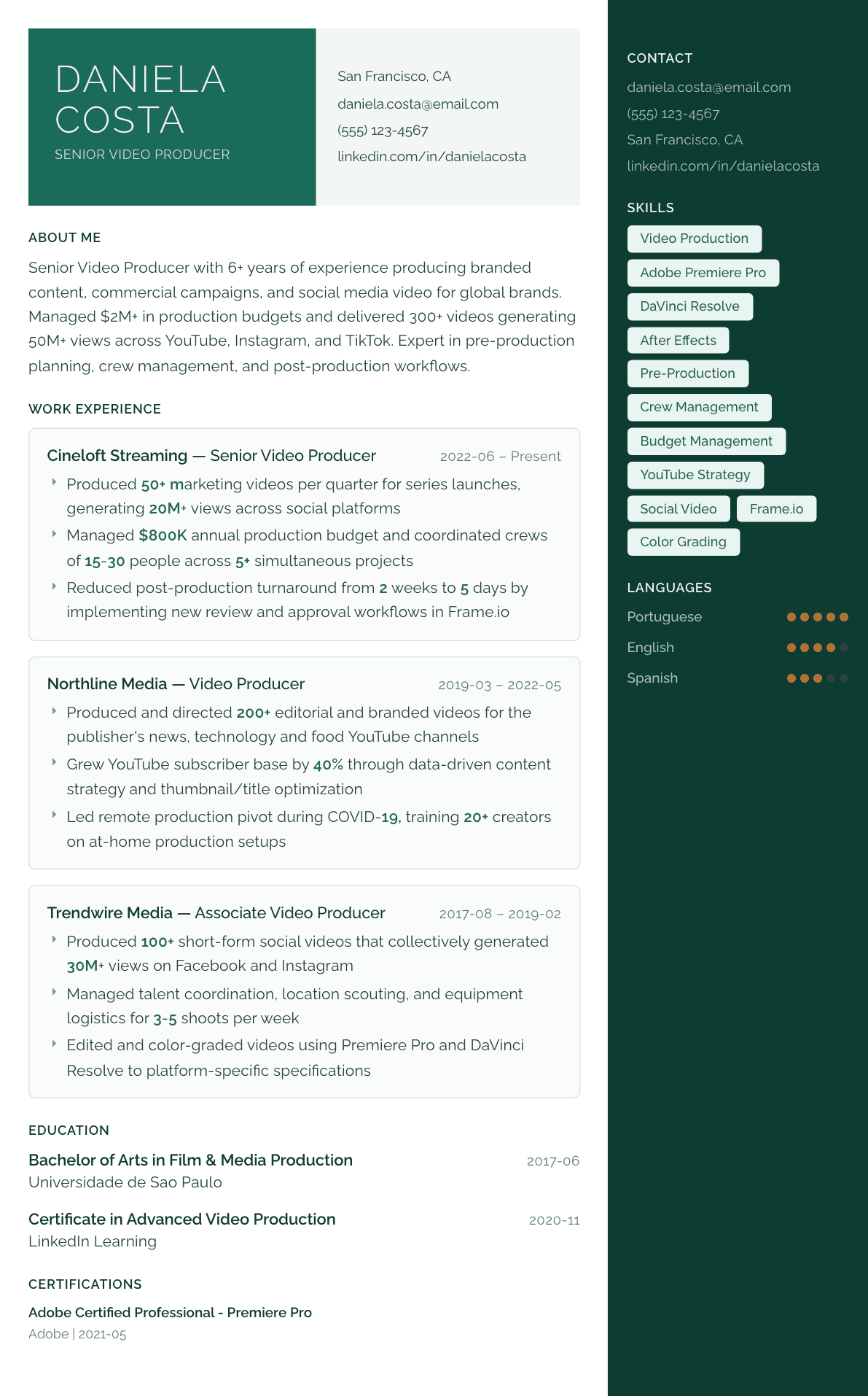 Video Producer resume example, Aurora template