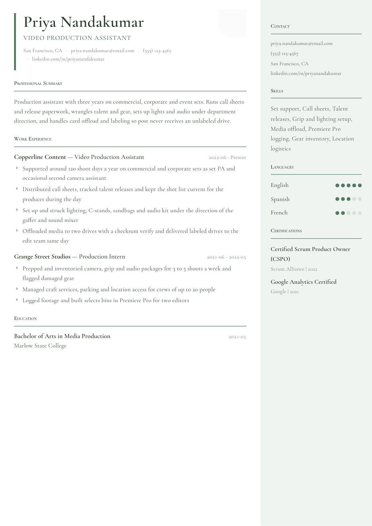 Video Production Assistant resume example, Copenhagen template