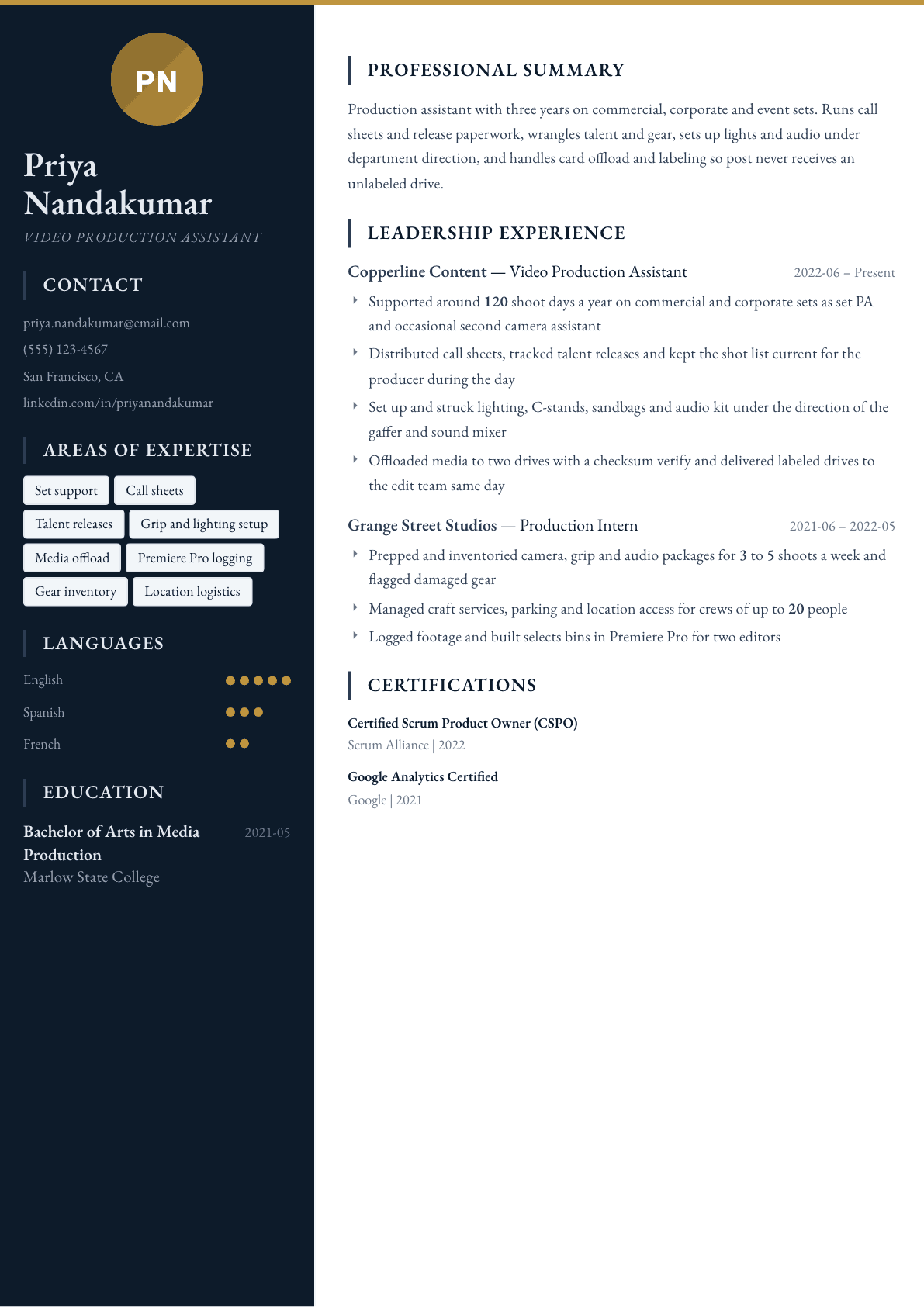 Video Production Assistant resume example, Presidio template