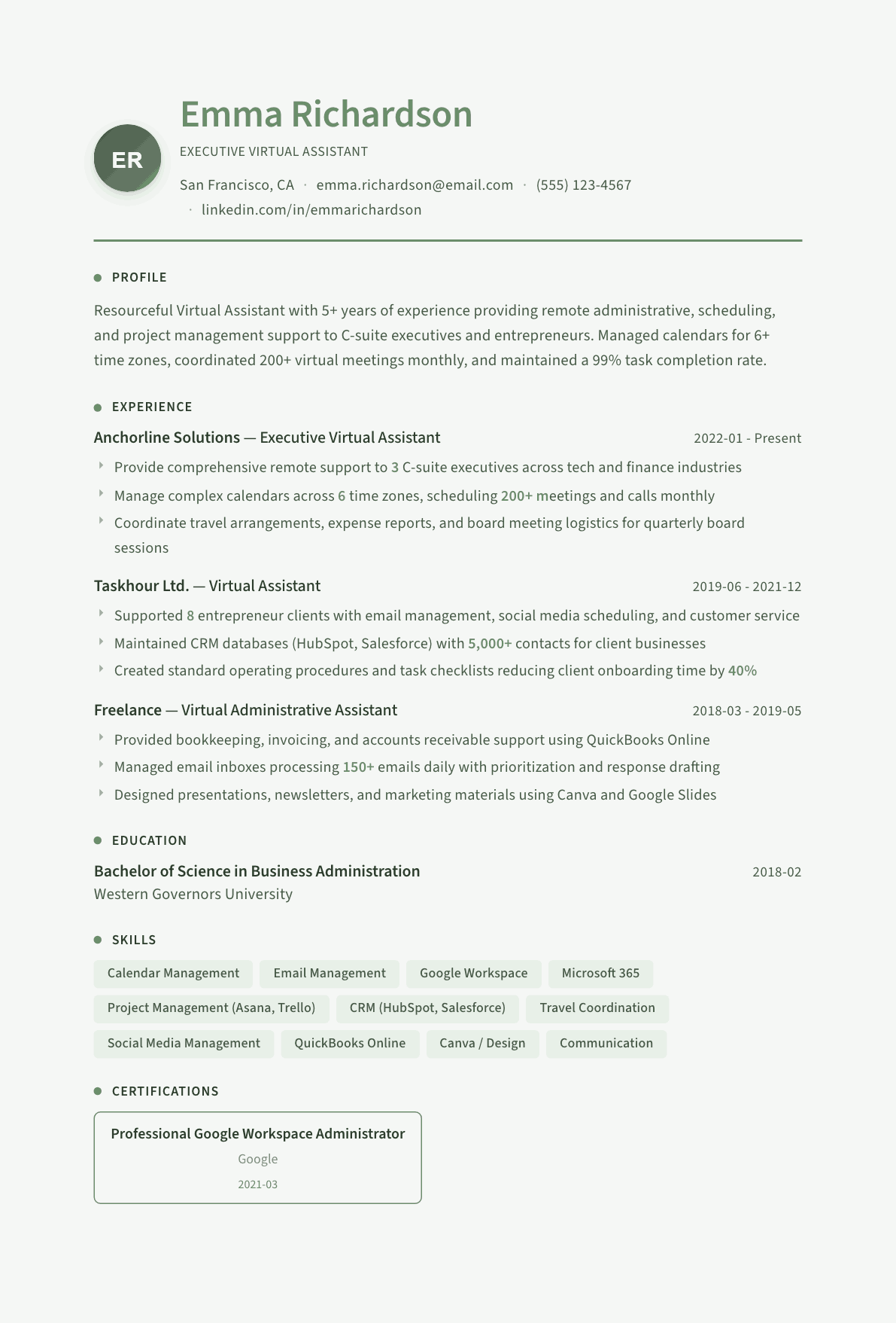 Virtual Assistant resume example, Sage Garden template