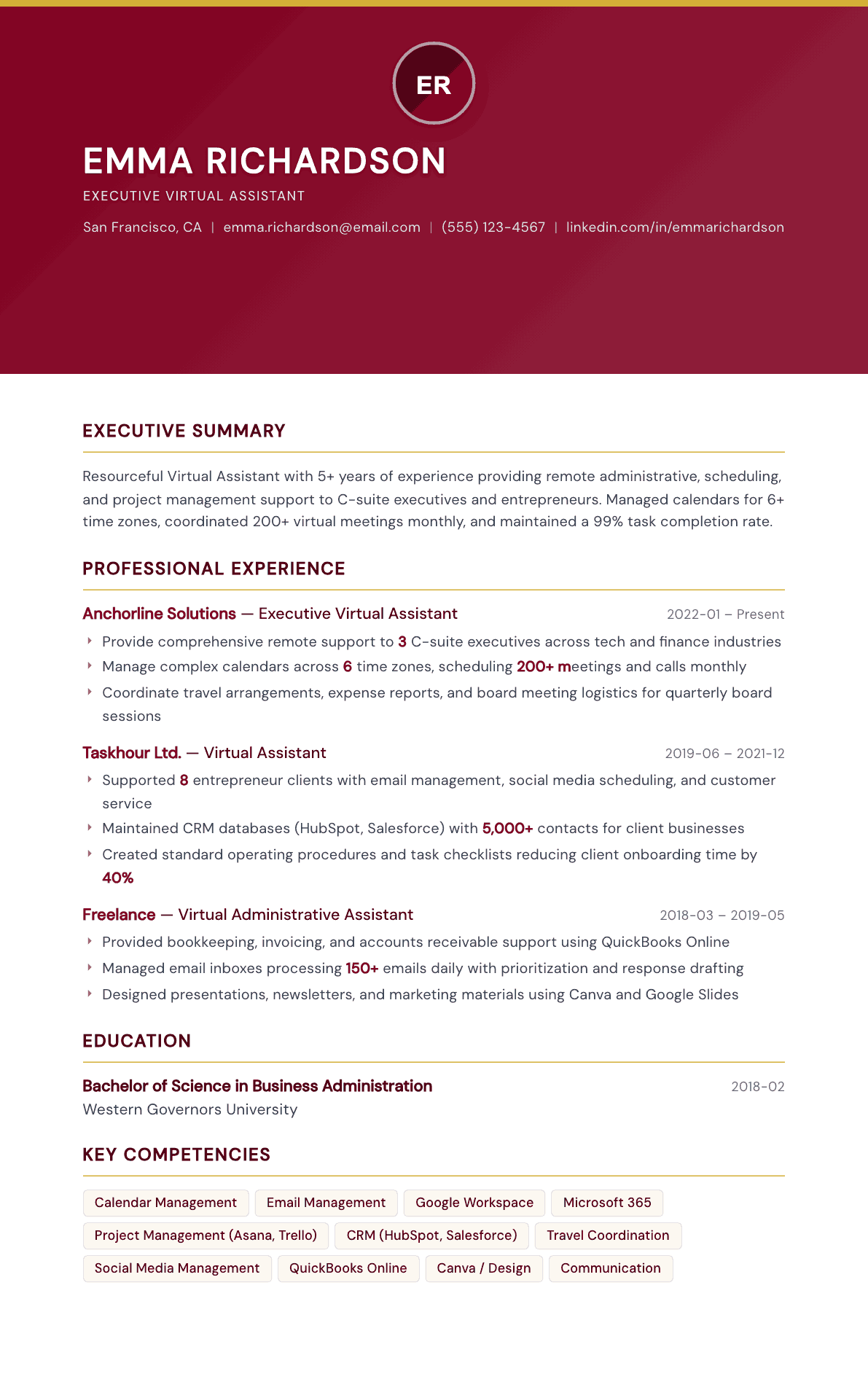 Virtual Assistant resume example, Viceroy template