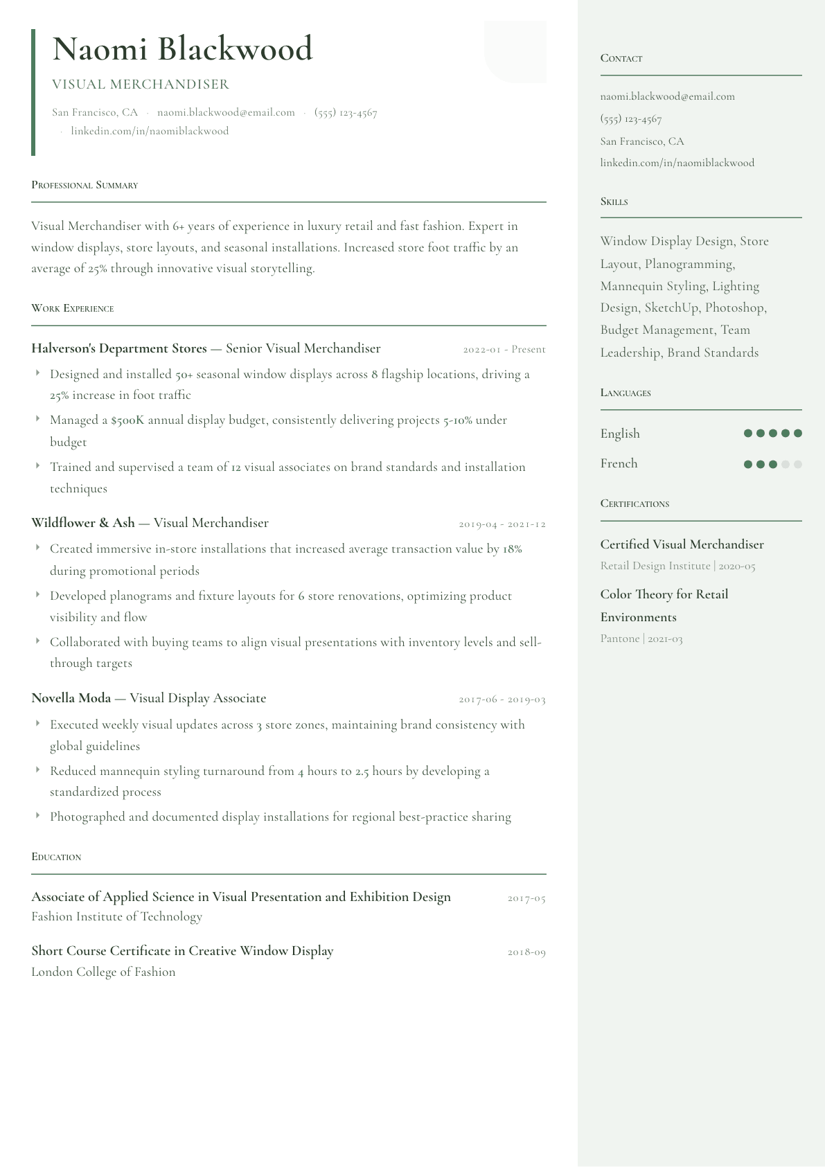 Visual Merchandiser resume example, Copenhagen template