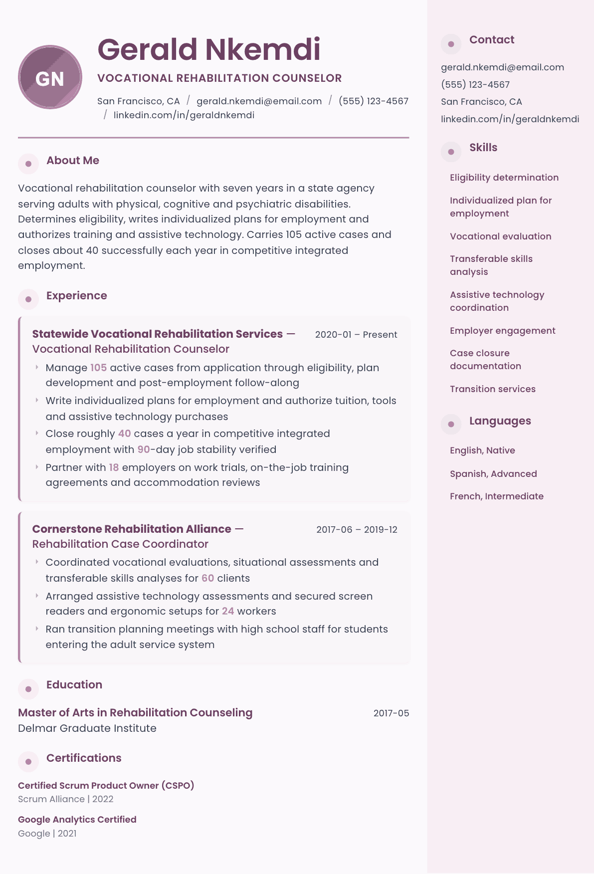 Vocational Rehabilitation Counselor resume example, Bloom template