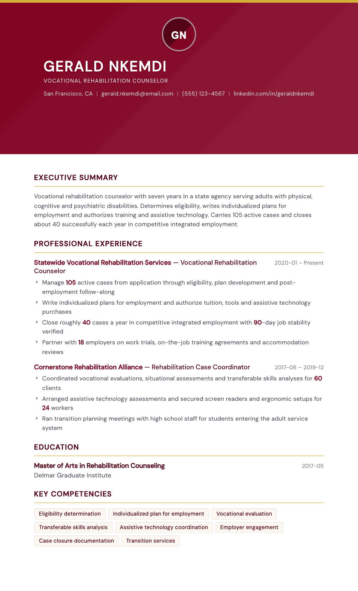 Vocational Rehabilitation Counselor resume example, Viceroy template