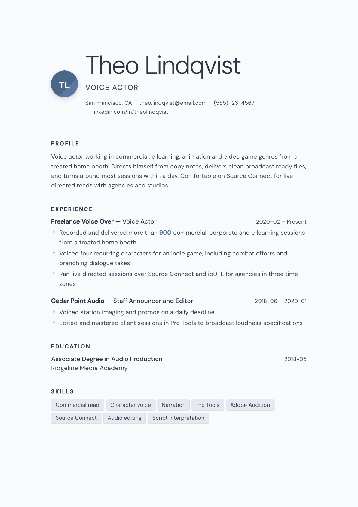 Voice Actor resume example, Nordic template