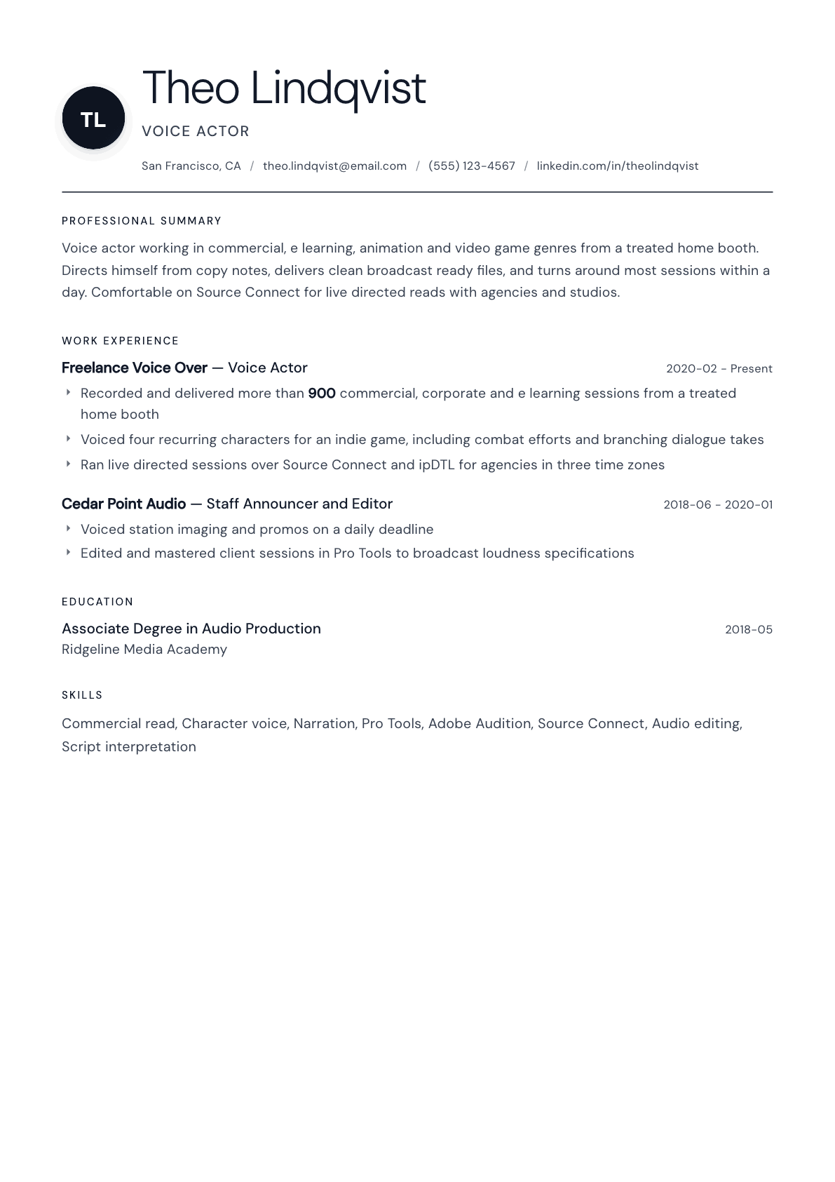 Voice Actor resume example, Stockholm template