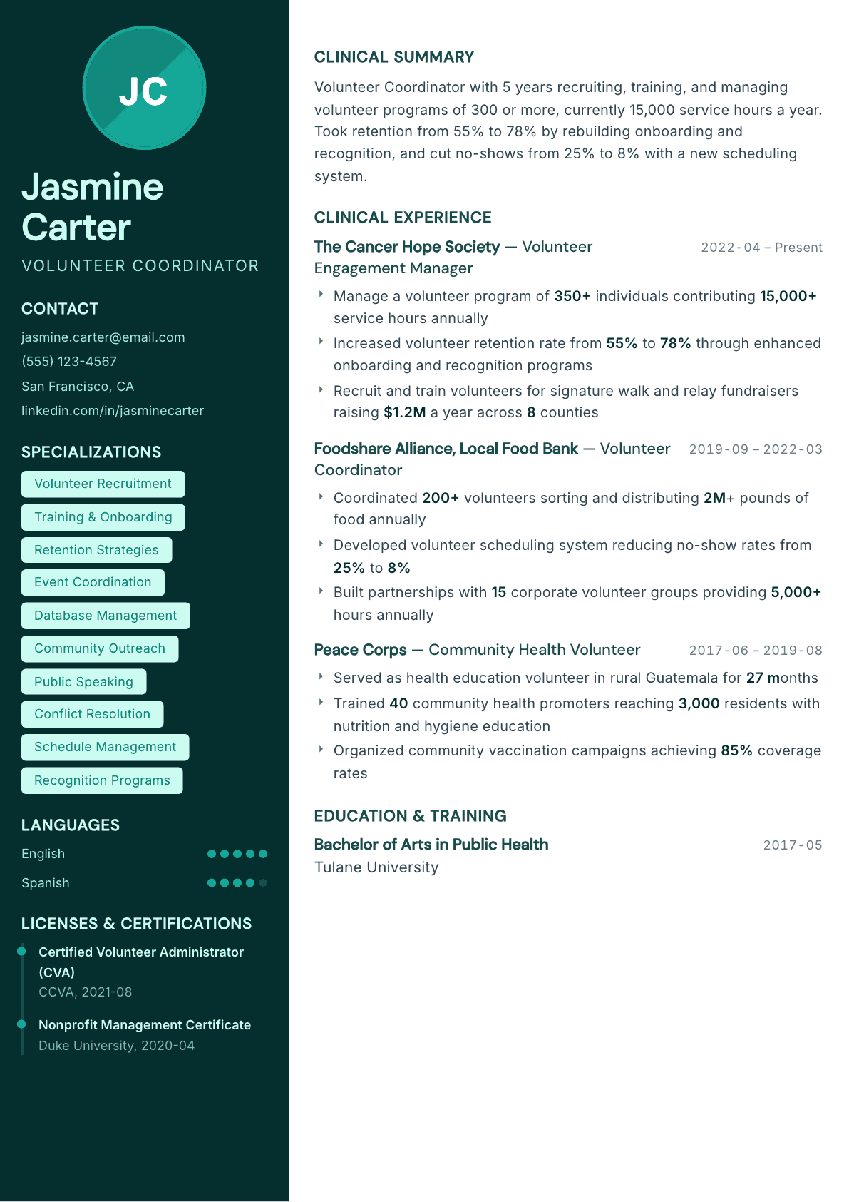 Volunteer Coordinator resume example, Vitalis template
