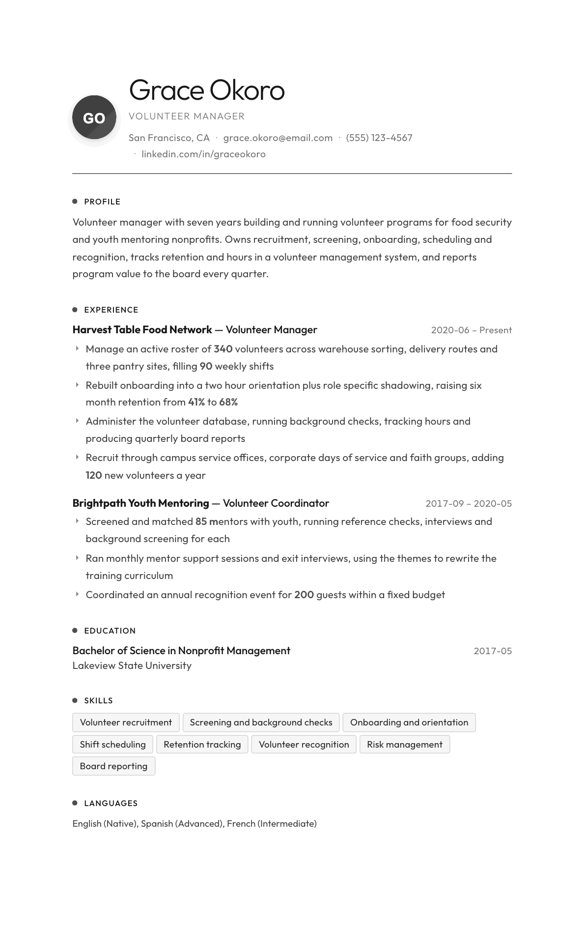 Volunteer Manager resume example, Flux template