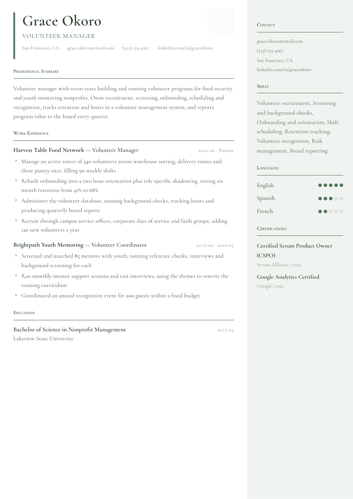 Volunteer Manager resume example, Copenhagen template