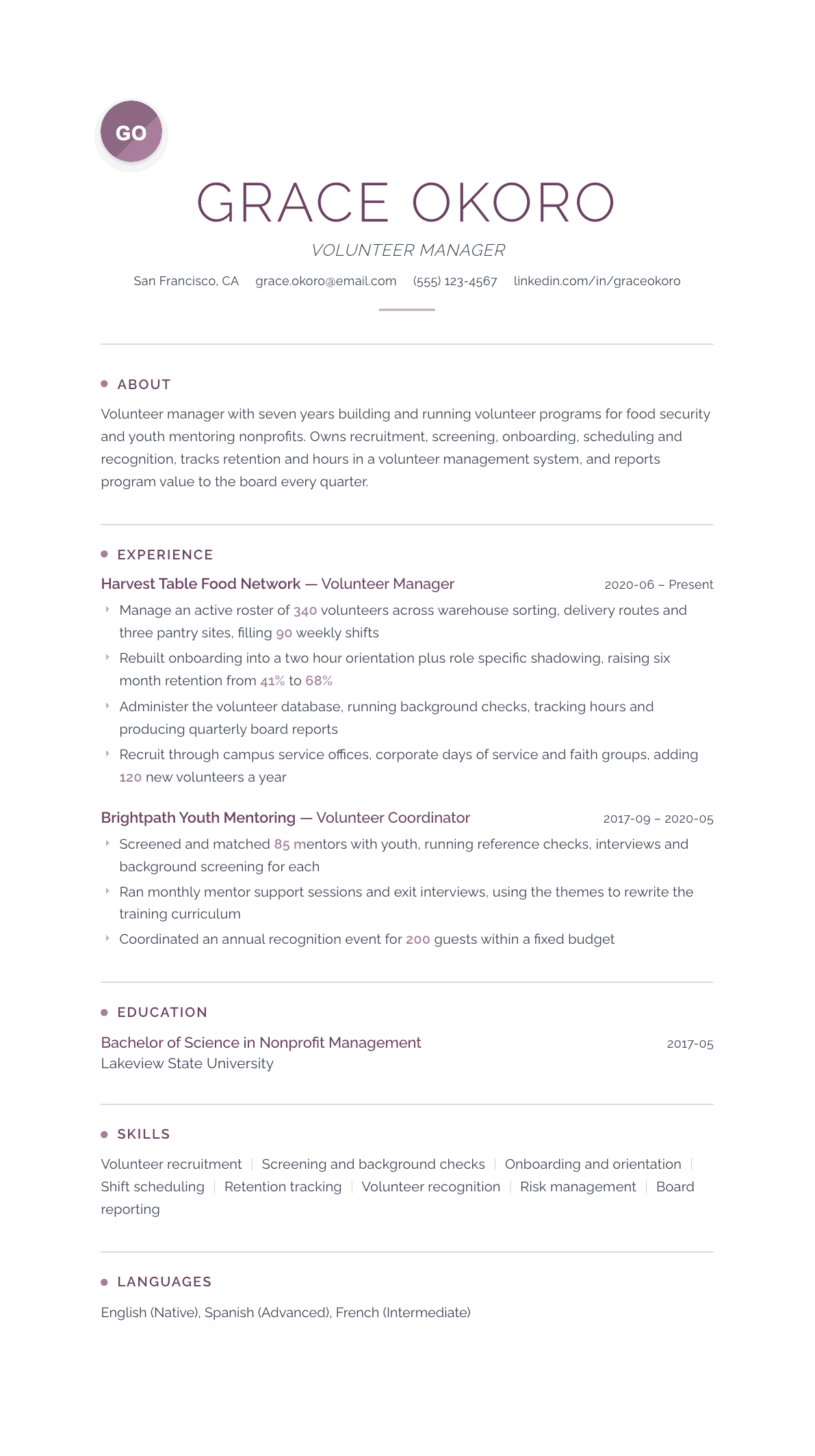 Volunteer Manager resume example, Serenity template