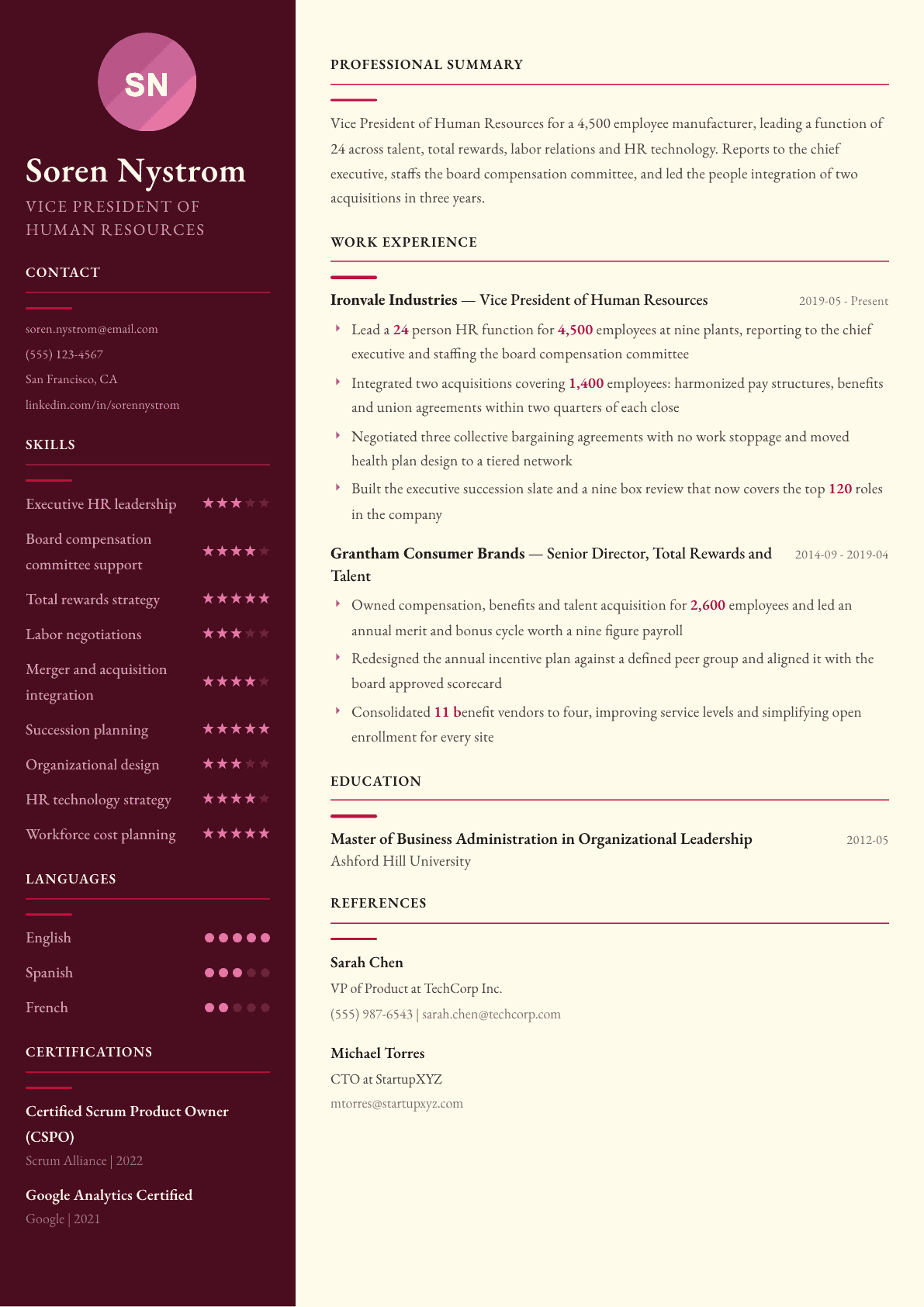 VP of Human Resources resume example, Dubai template