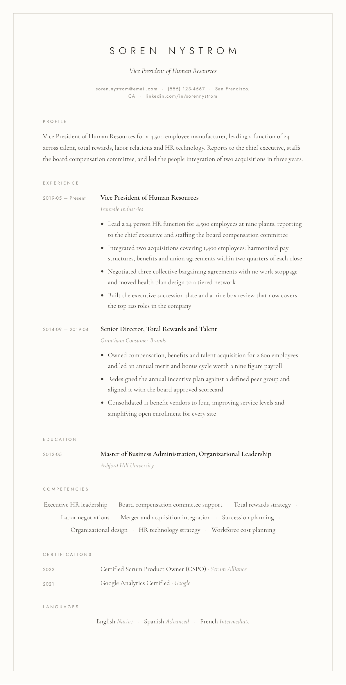 VP of Human Resources resume example, Vellum template